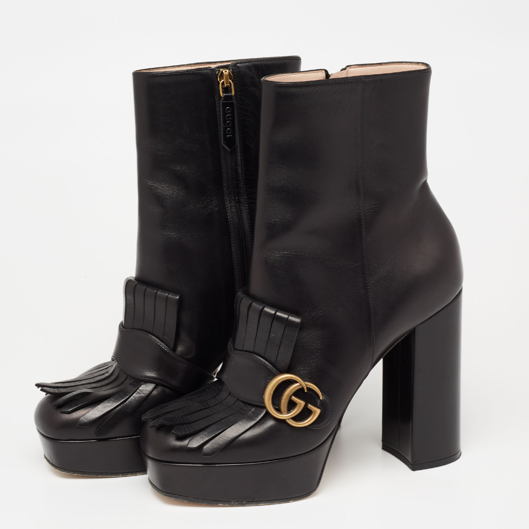 

Gucci Black Leather GG Marmont Fringe Ankle Boots Size