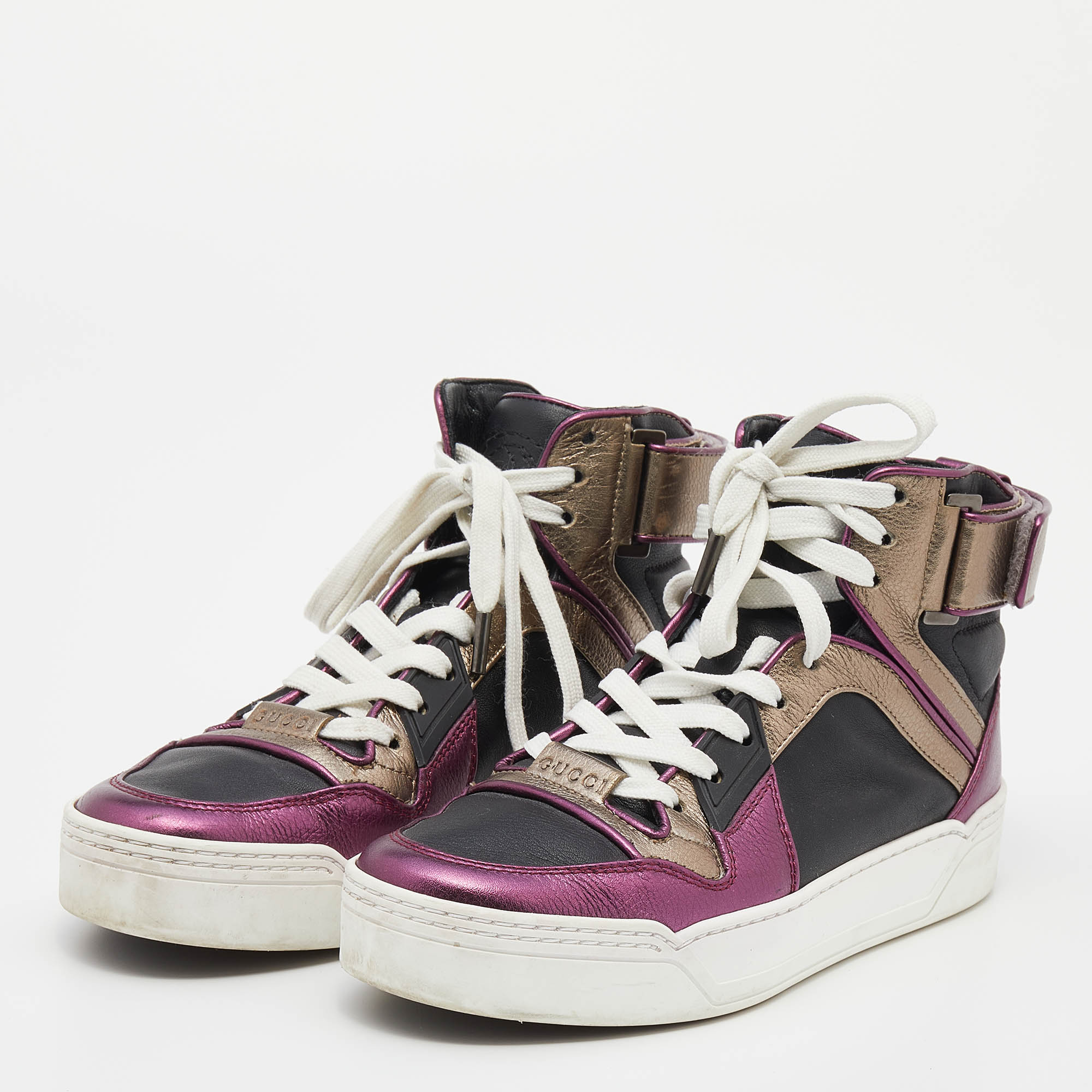 

Gucci Metallic Tri Color Leather New Basketball High Top Sneakers Size, Multicolor