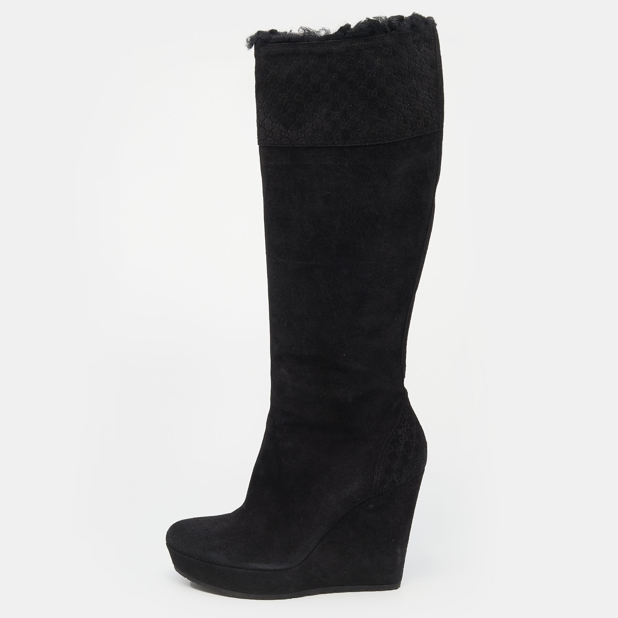 Pre-owned Gucci Black Microssima Suede And Fur Courtney Platform Wedge ...