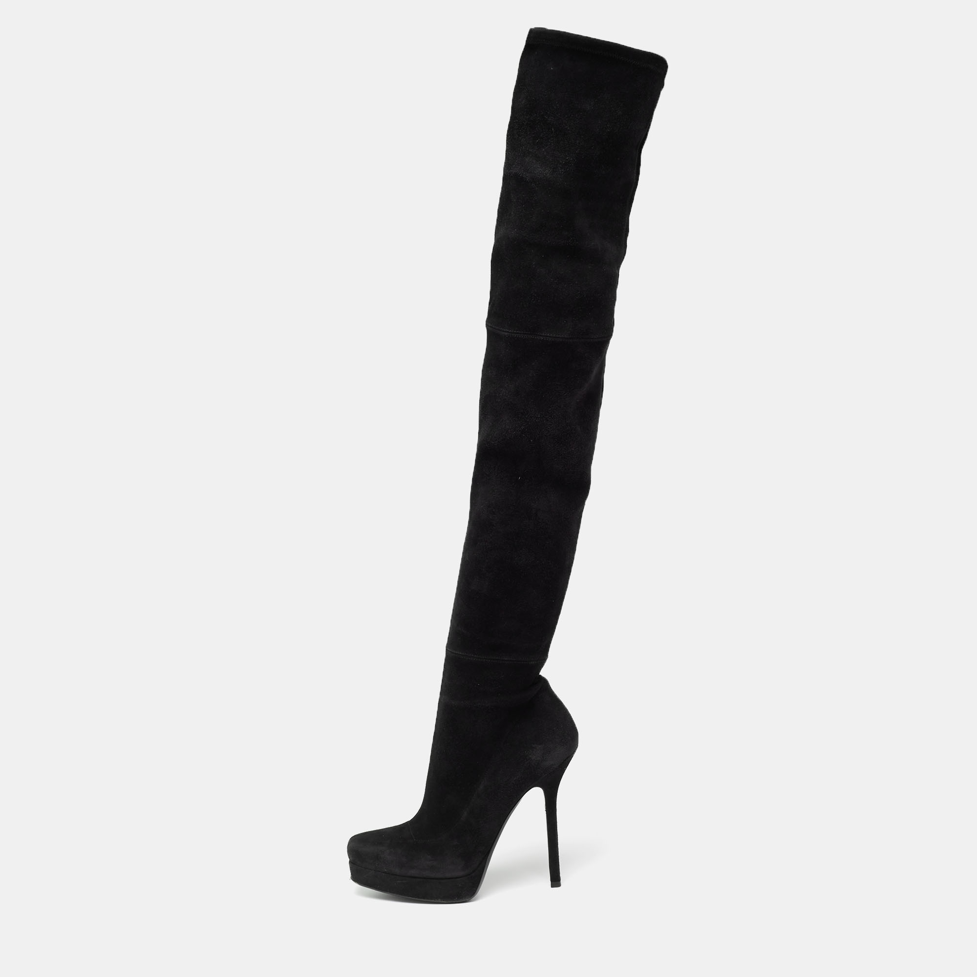 Pre-owned Gucci Black Suede Platform Over The Knee Boots Size 38.5