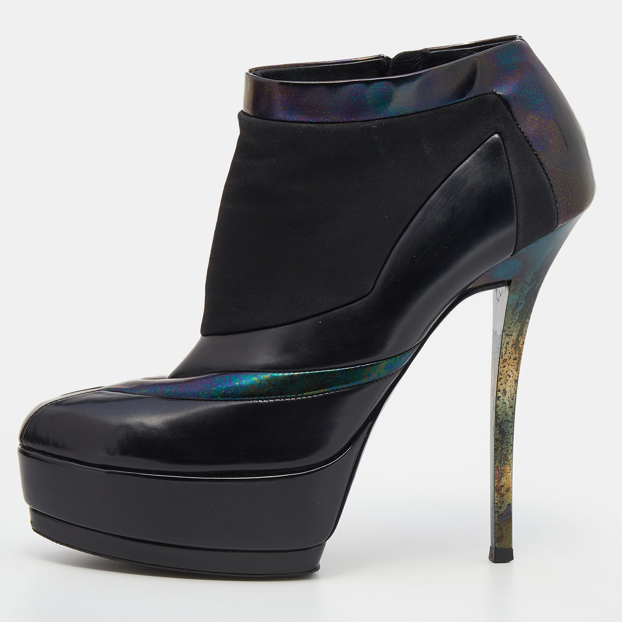 Pre-owned Gucci Black Holographic Leather And Suede Platform Ankle Length Boots Size 37