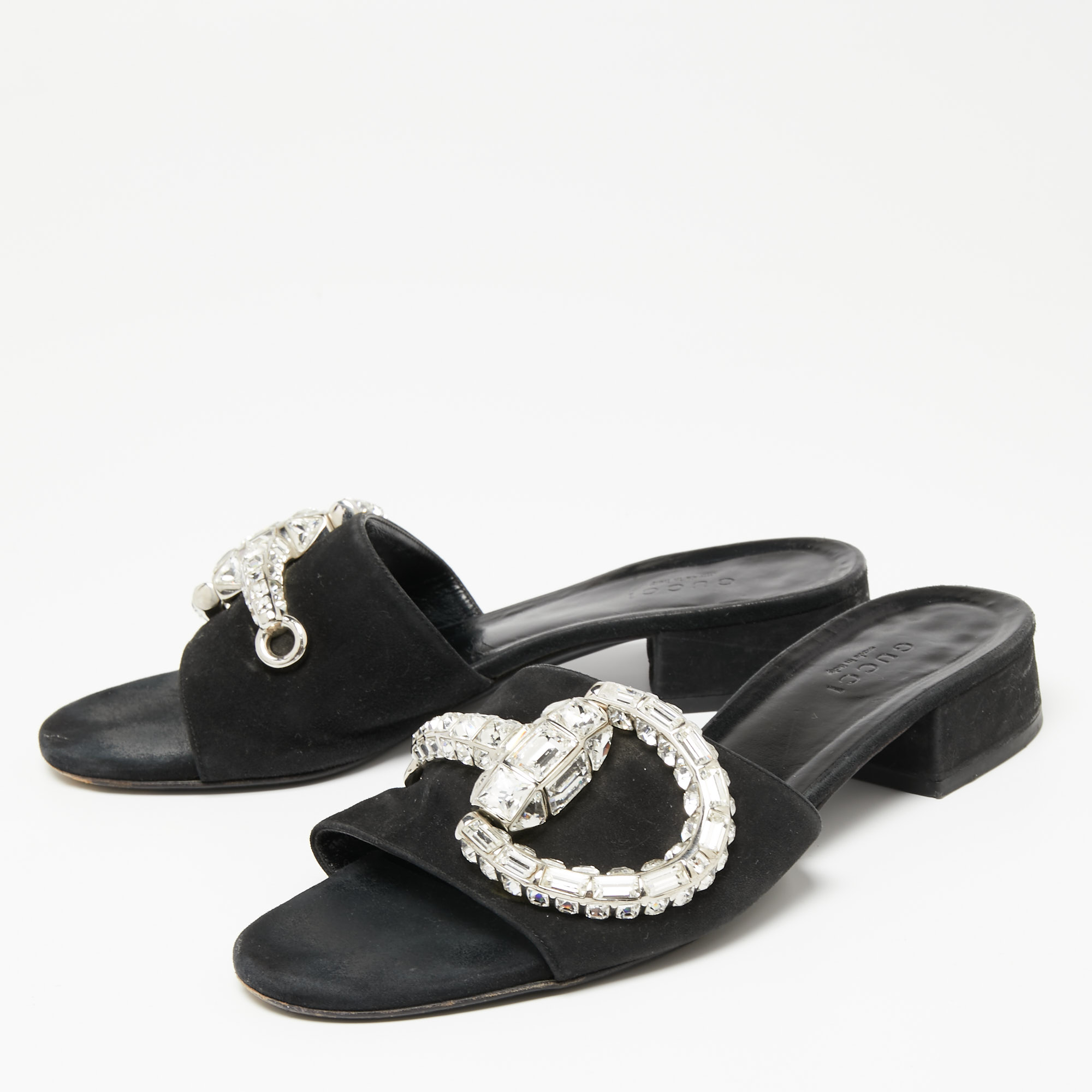 

Gucci Black Suede Maxime Crystal Icon Bit Slide Sandals Size
