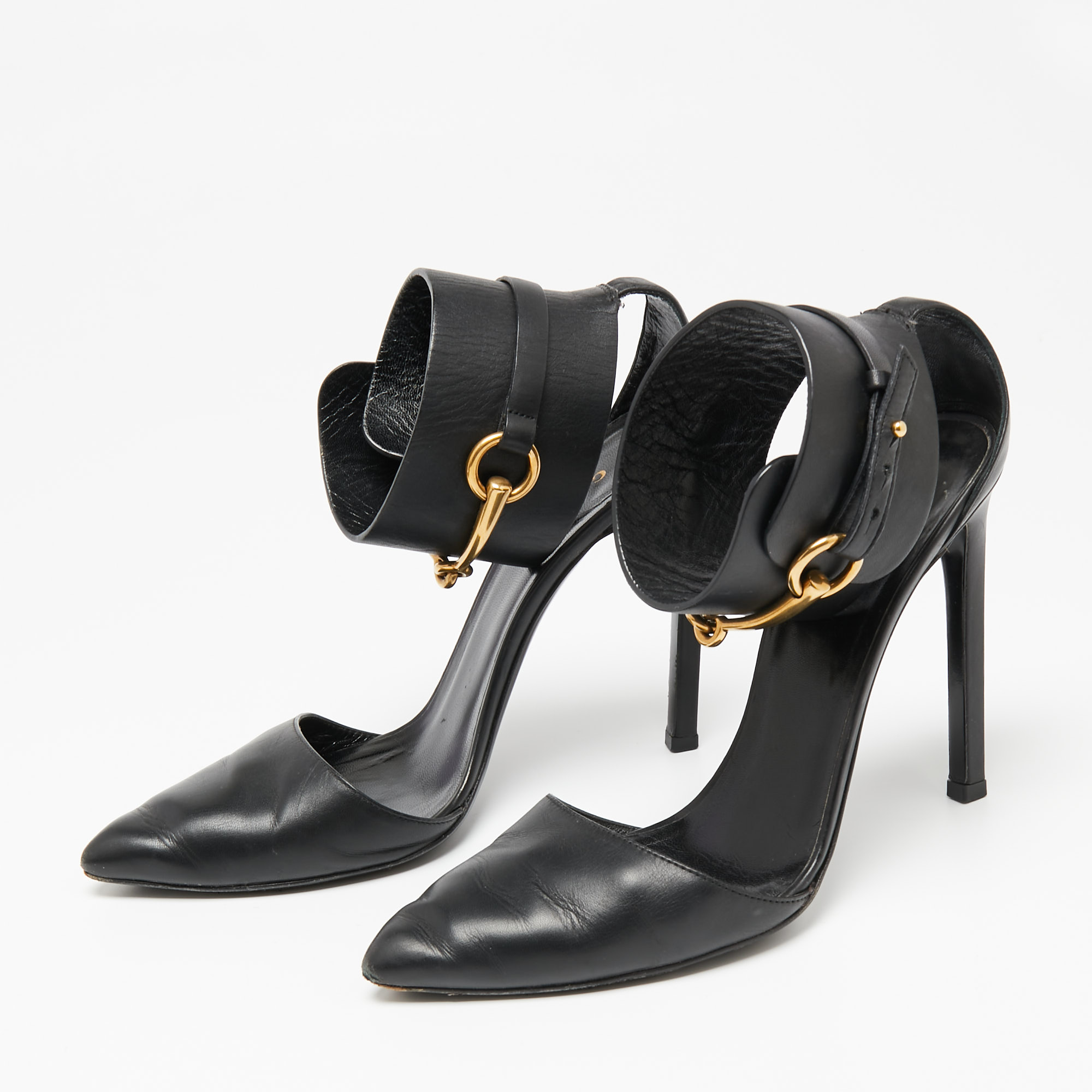 

Gucci Black Leather Horsebit Ankle Strap Sandals Size