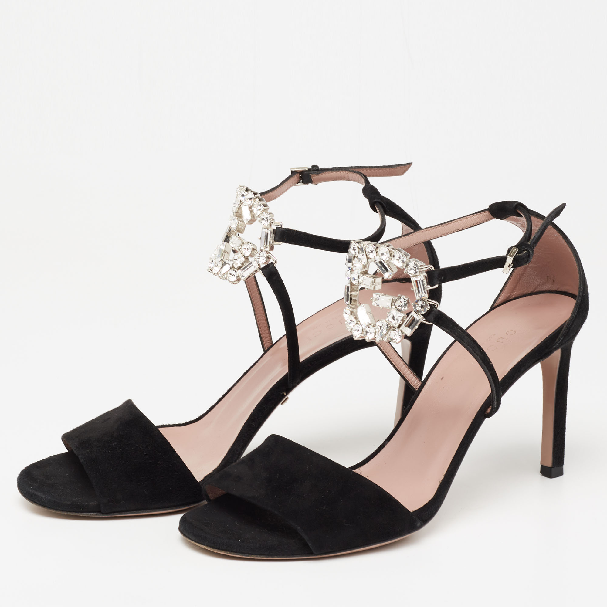 

Gucci Black Suede Crystal Embellished GG Interlock Ankle Strap Sandals Size