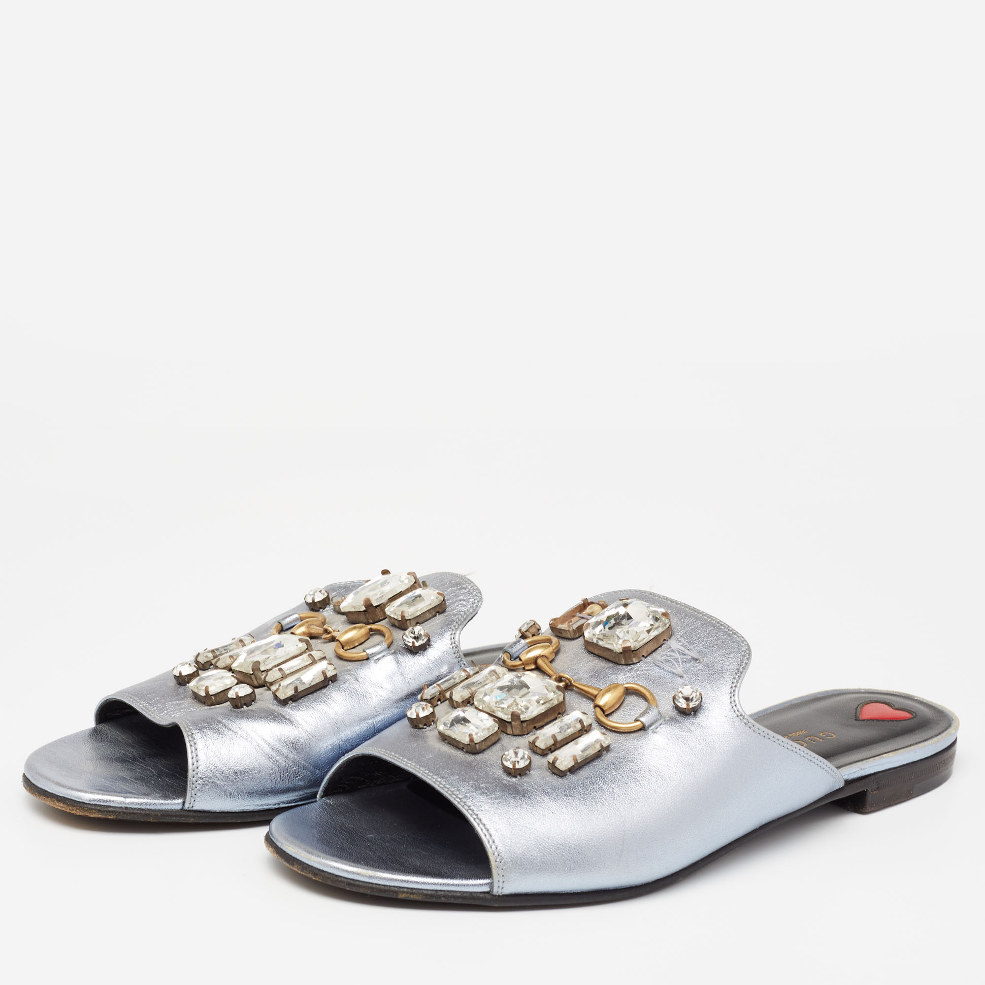 

Gucci Light Metallic Blue Leather Horsebit Crystal Embellished Flat Slides Size