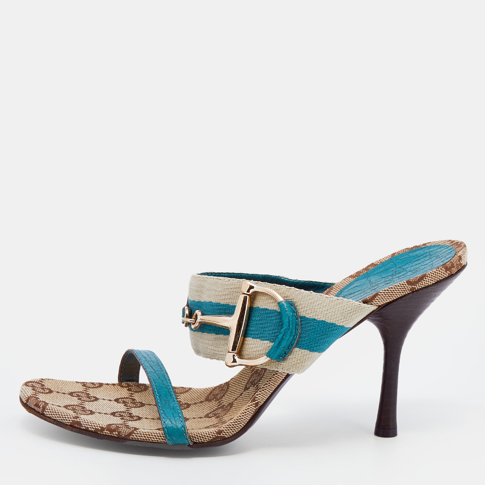 Pre-owned Gucci Turquoise Blue/off White Leather And Web Tape Slide Sandals Size 36