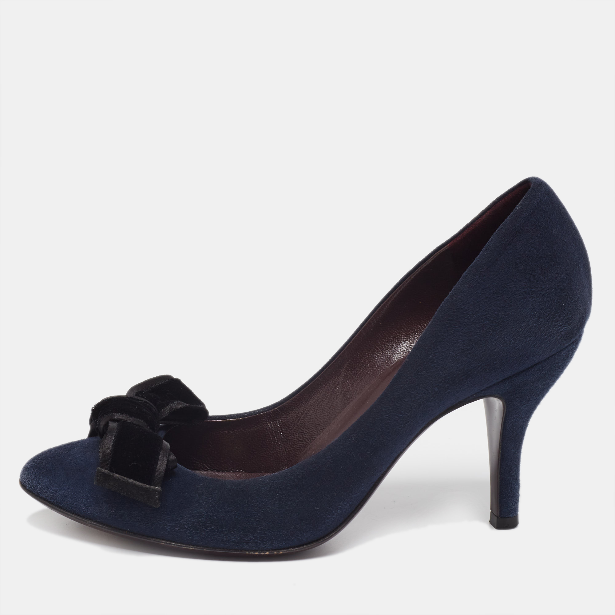 Pre-owned Gucci Navy Blue Suede Bow Round Toe Pumps Size 36.5