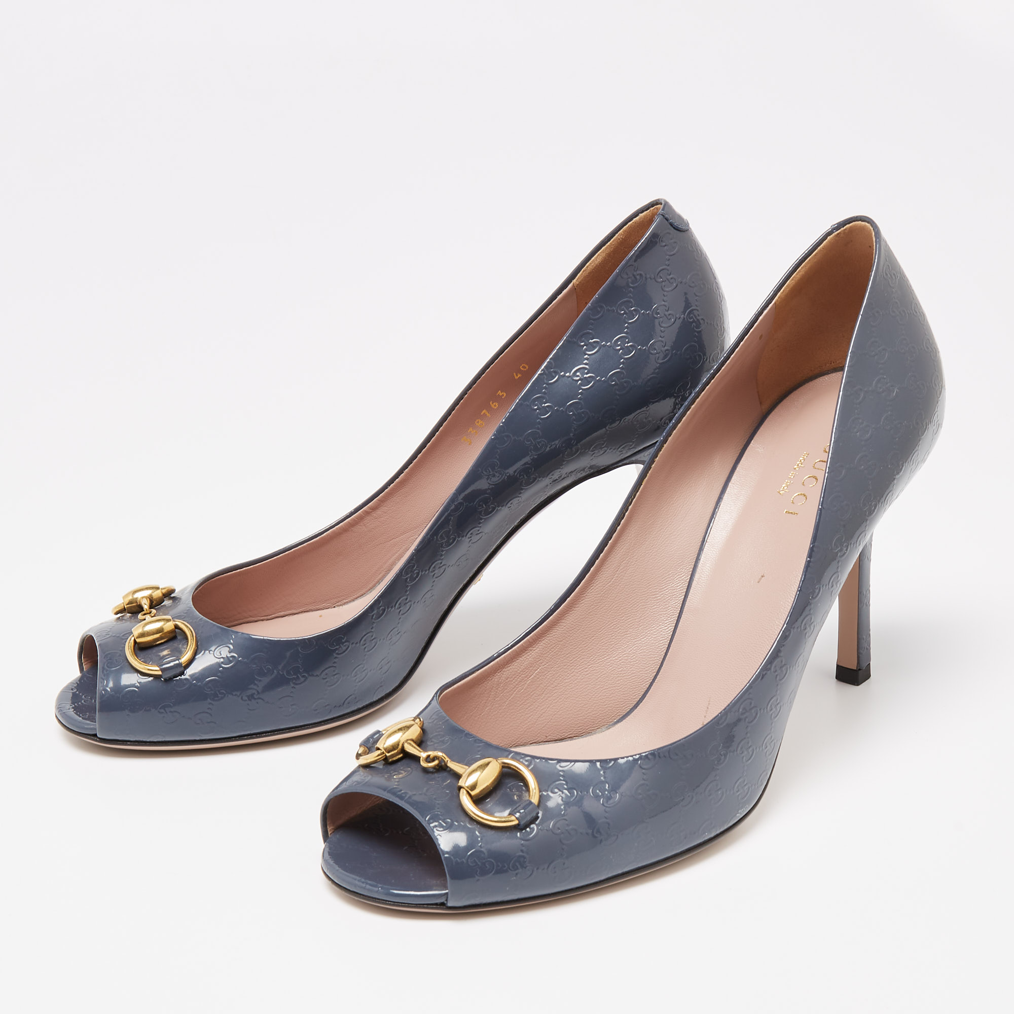 

Gucci Blue Spruce Guccissima Patent Leather Horsebit Peep Toe Pumps Size