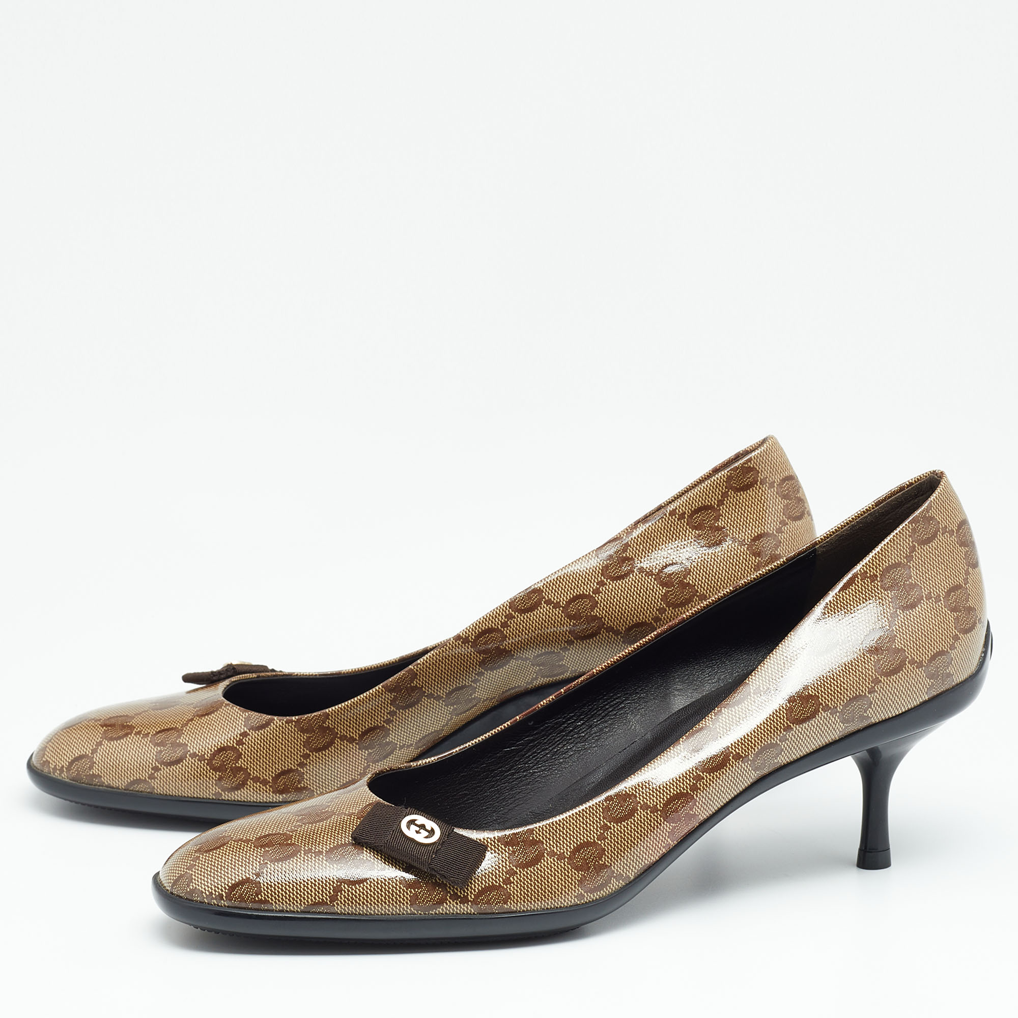 

Gucci Beige/Brown GG Crystal Canvas Bow Pumps Size