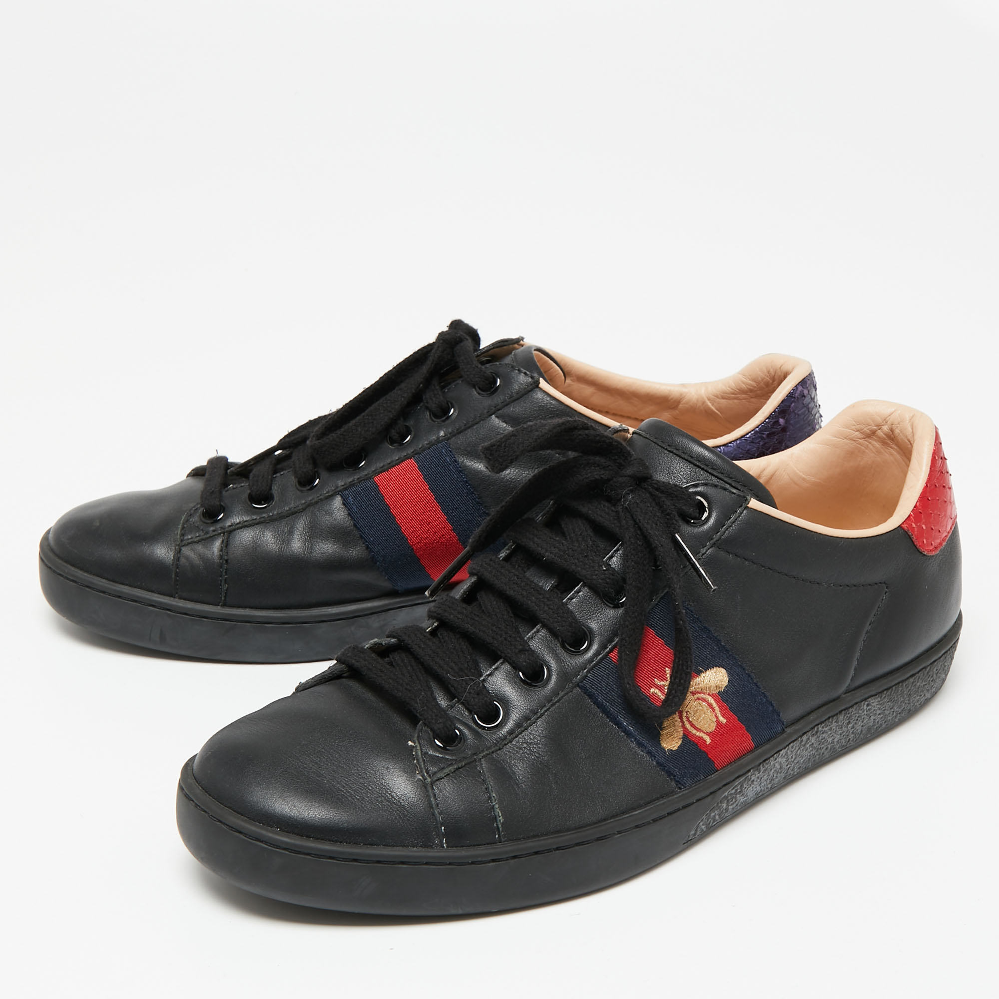

Gucci Black Leather And Python Embossed Leather Web Ace Sneakers Size
