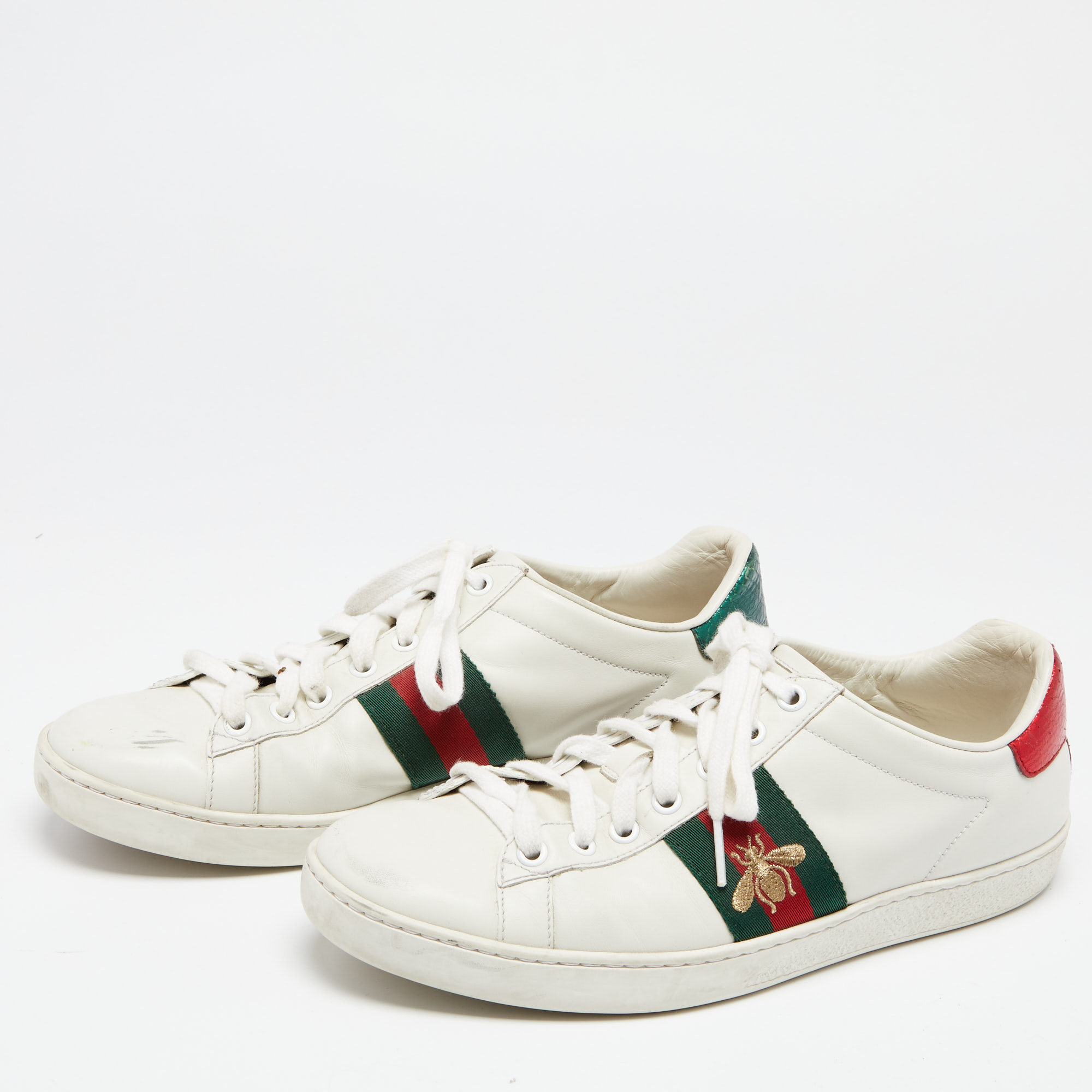 

Gucci White Leather Python Embossed Leather Web Ace Sneakers Size