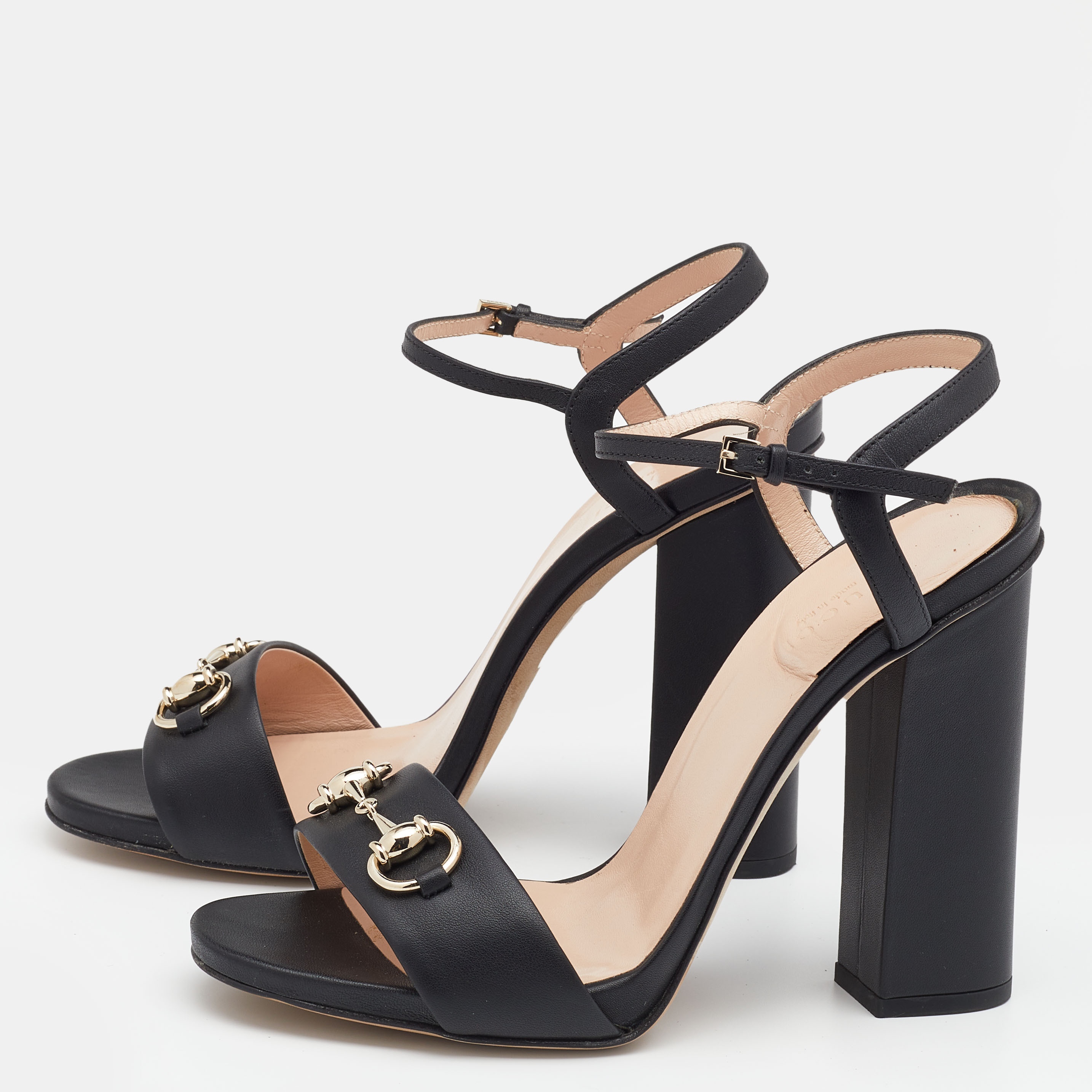 

Gucci Black Leather Horsebit Ankle Strap Block Heel Sandals Size