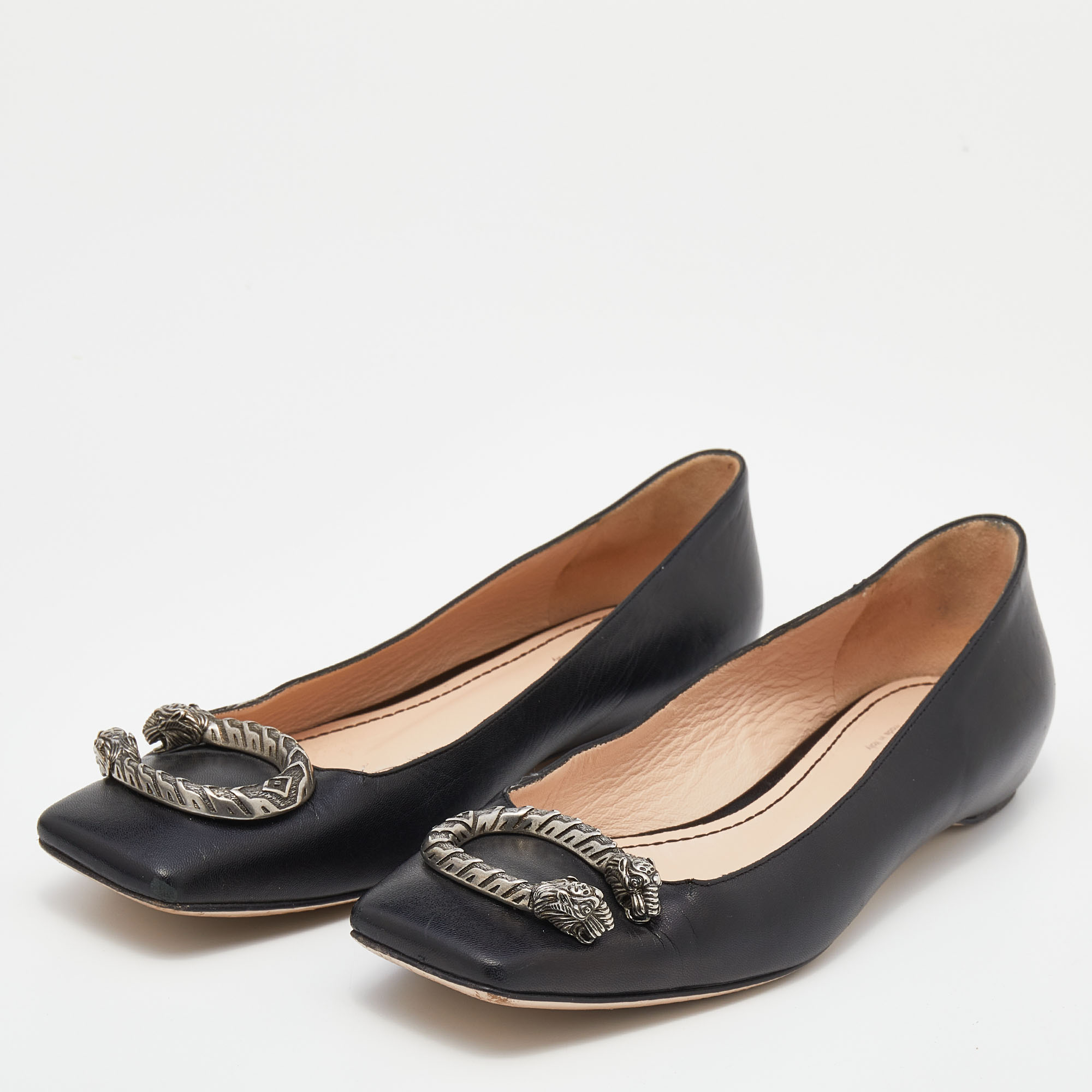 

Gucci Black Leather Dionysus Accent Square Toe Ballet Flats Size