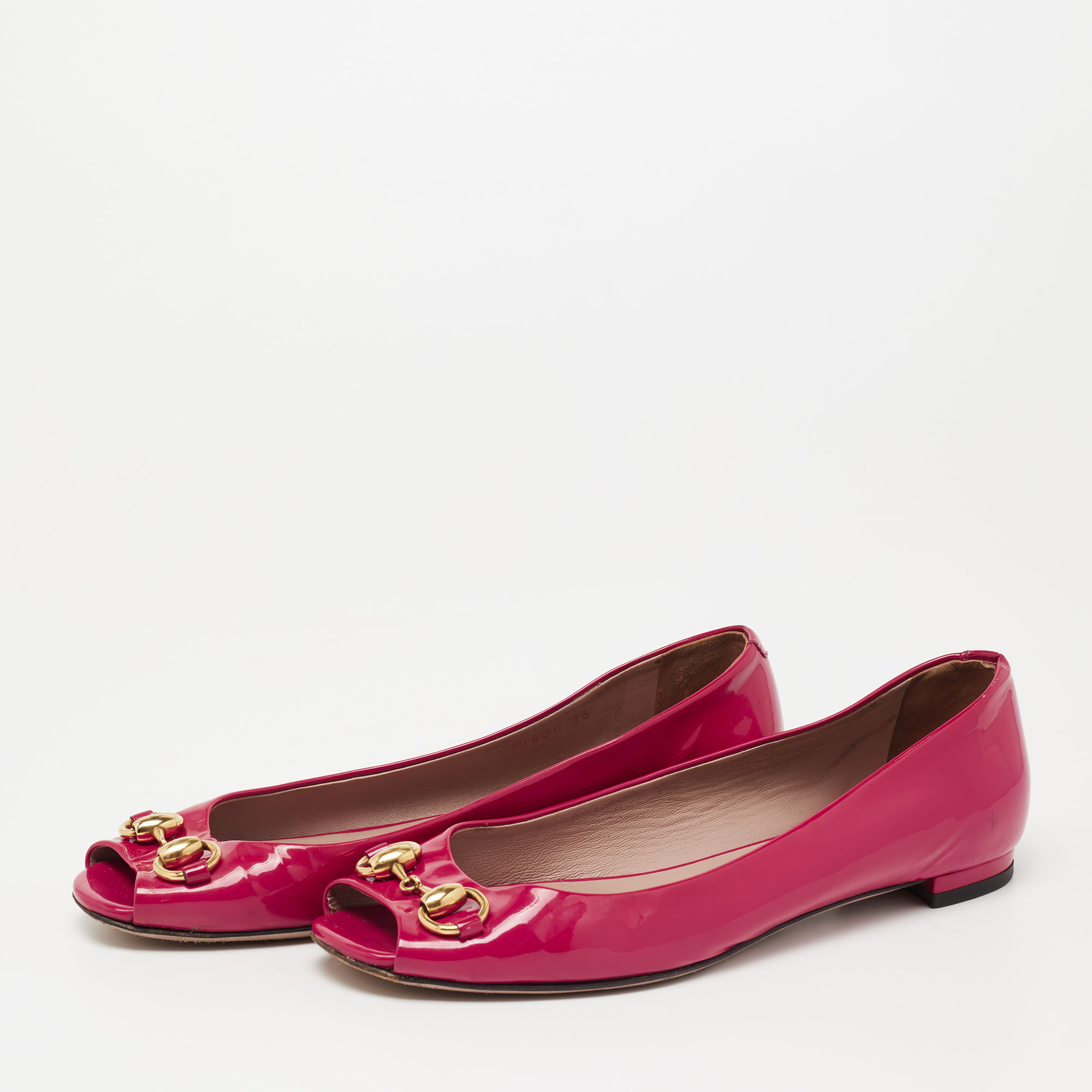 

Gucci Pink Patent Leather Horsebit Open Toe Ballet Flats Size