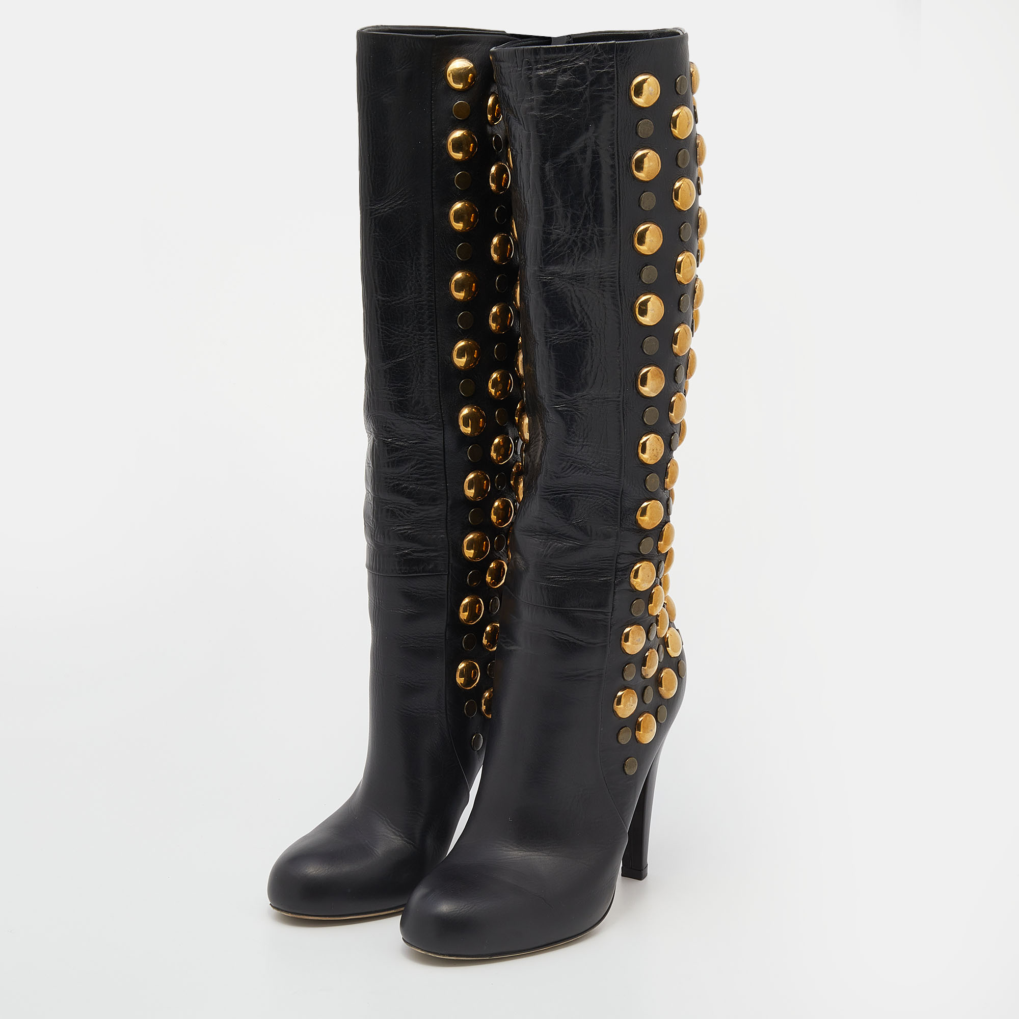 

Gucci Black Leather Babouska Studded Mid Calf Length Boots Size