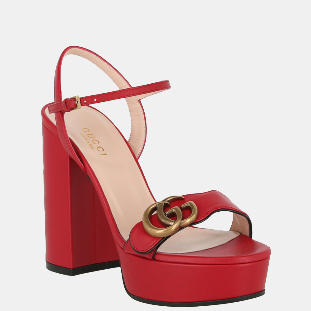 

Gucci Red Leather GG Marmont Platform Ankle Strap Sandals IT