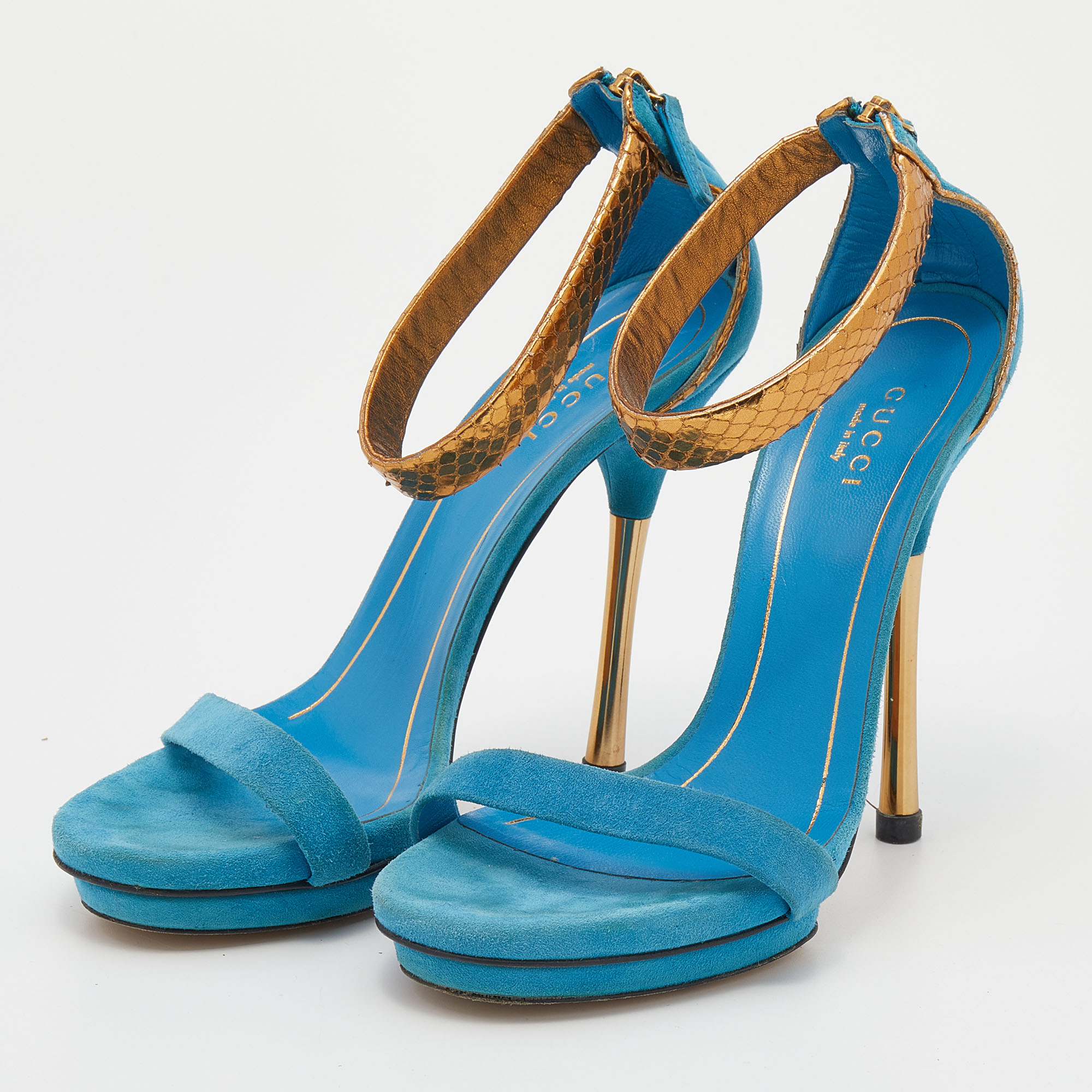 

Gucci Blue/Gold Suede And Python Leather Kelis Ankle Strap Platform Sandals Size