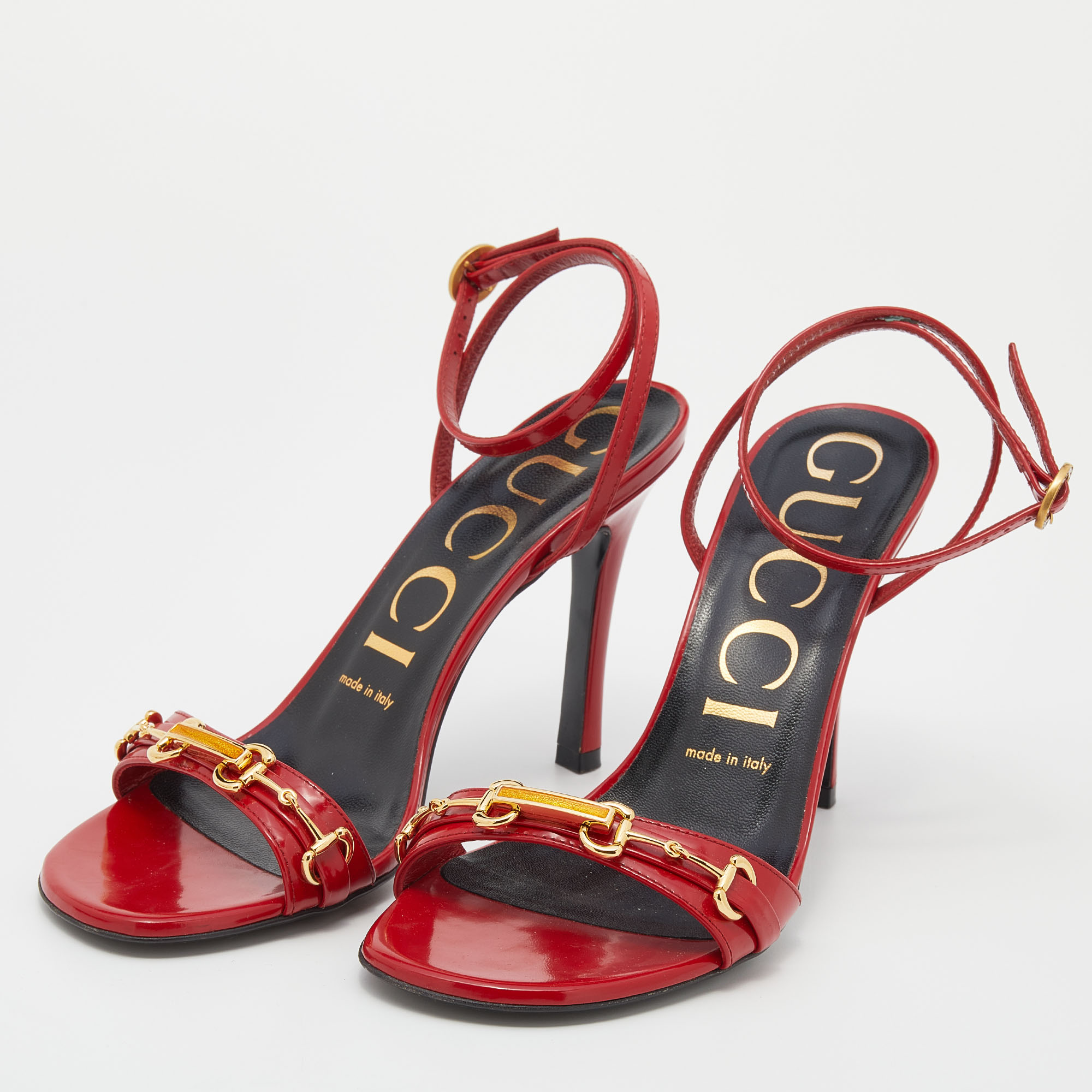 

Gucci Red Leather Moorea Ankle Strap Sandals Size