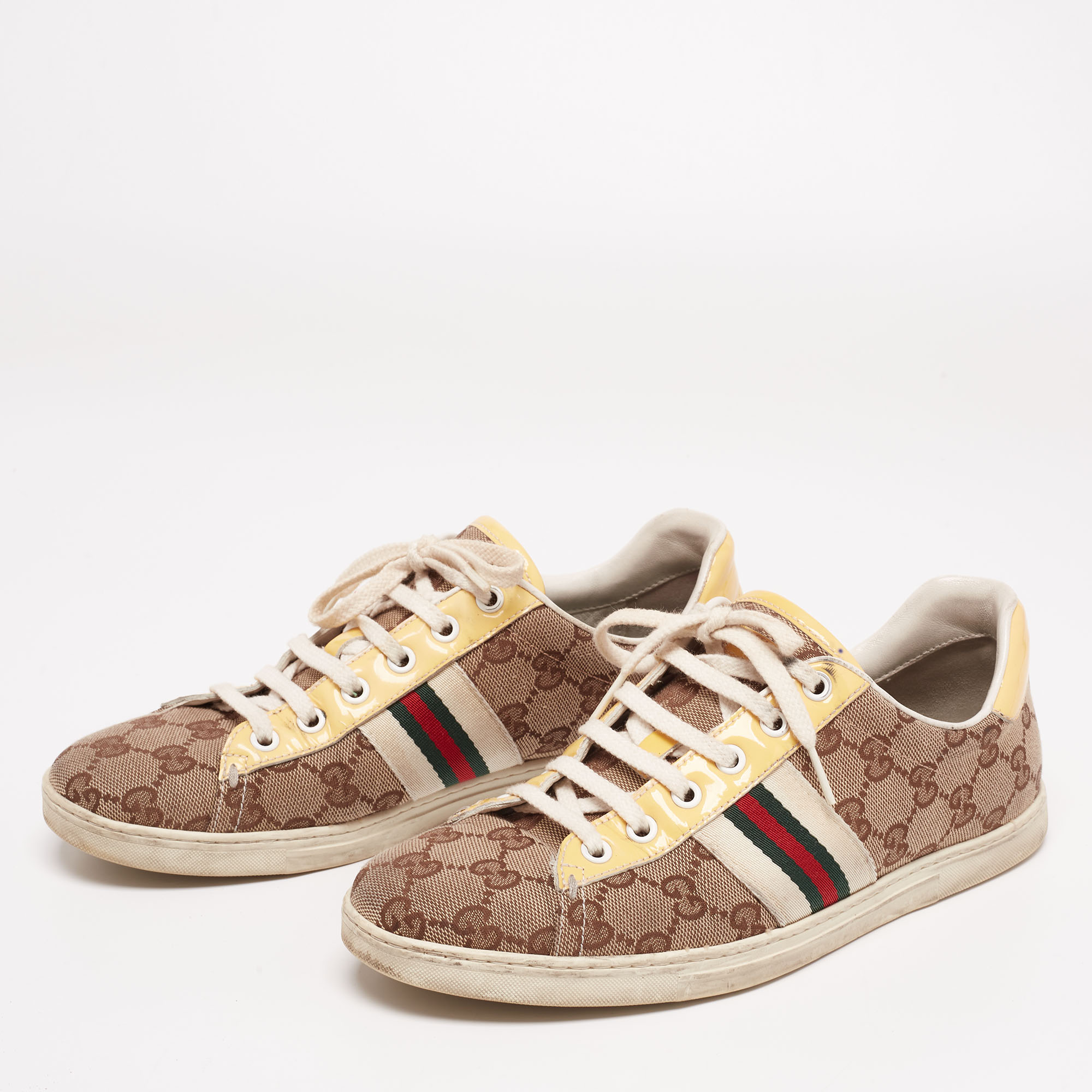 

Gucci Tricolor Guccissima Canvas And Patent Web Detail Sneakers Size, Beige