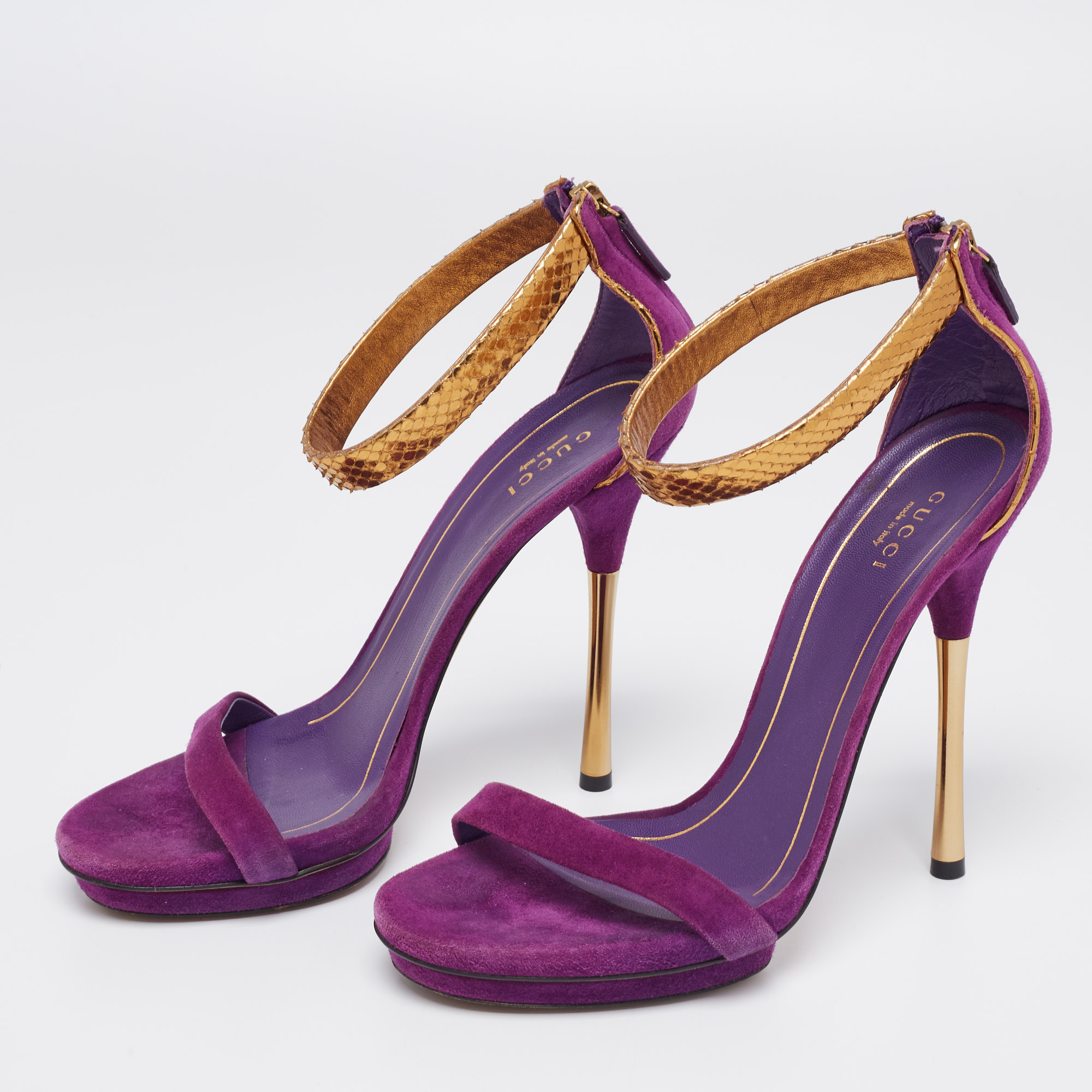 

Gucci Purple/Gold Suede and Python Leather Kelis Ankle-Strap Sandals Size