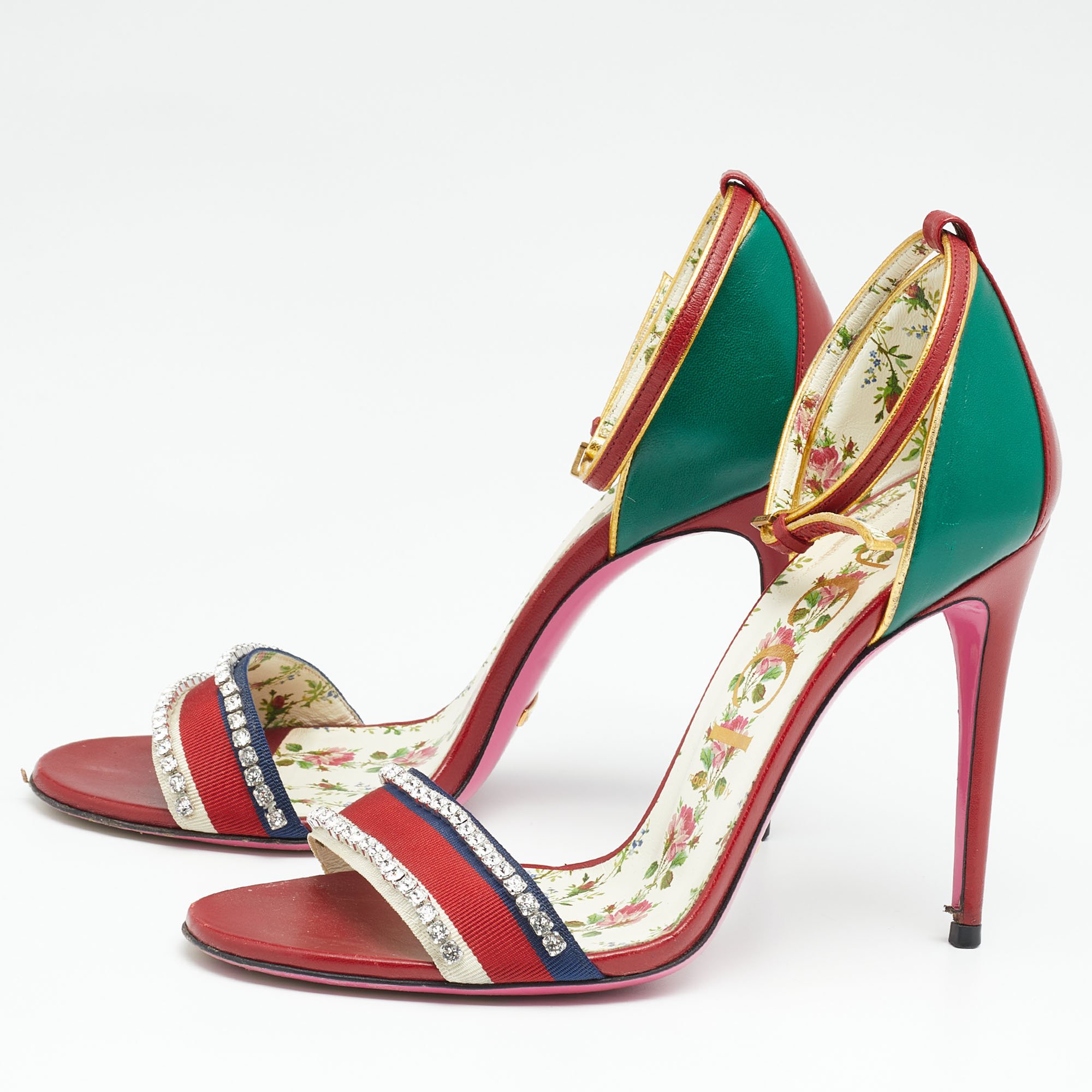 

Gucci Multicolor Leather Ilse Crystal Embellished Sandals Size