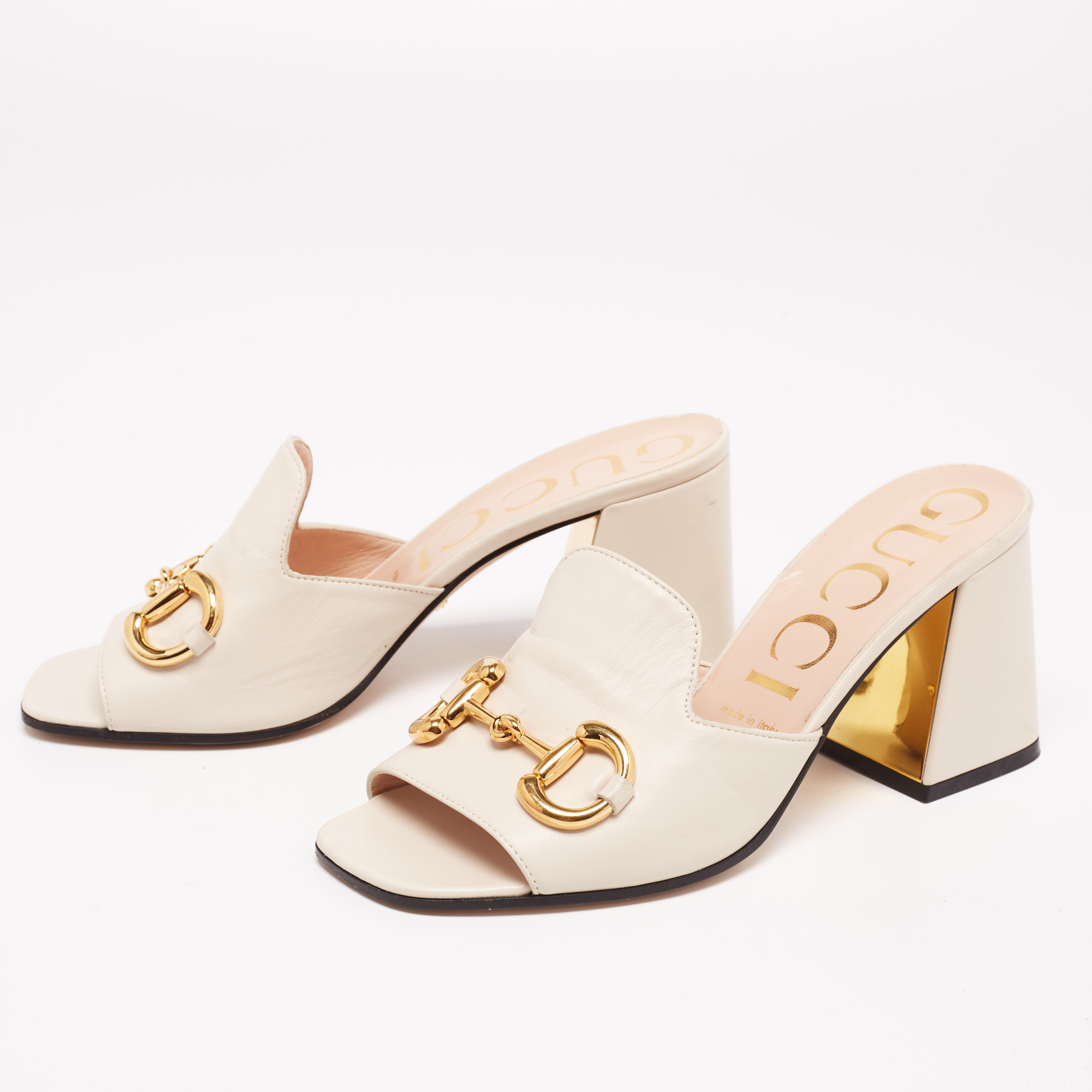 

Gucci Cream Leather Horsebit Block Heel Slide Sandals Size, White