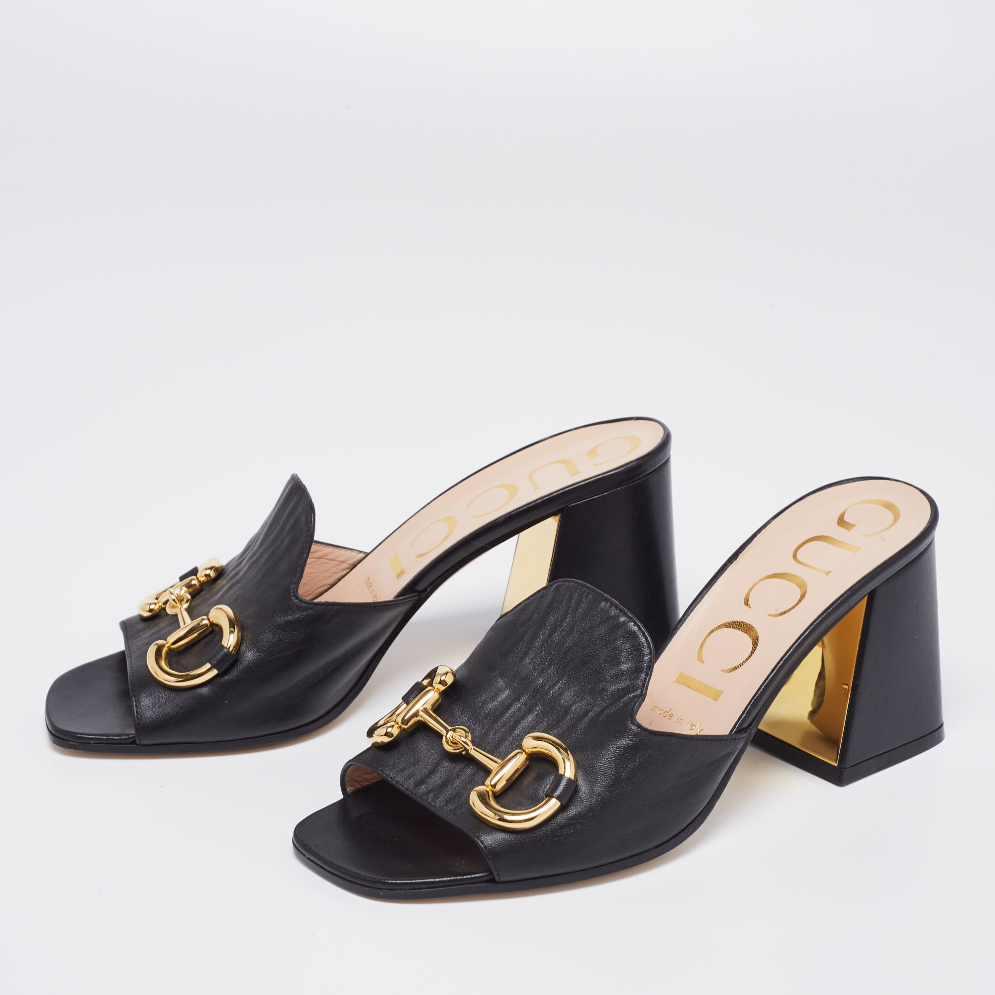 

Gucci Black Leather Horsebit Block Heel Slide Sandals Size