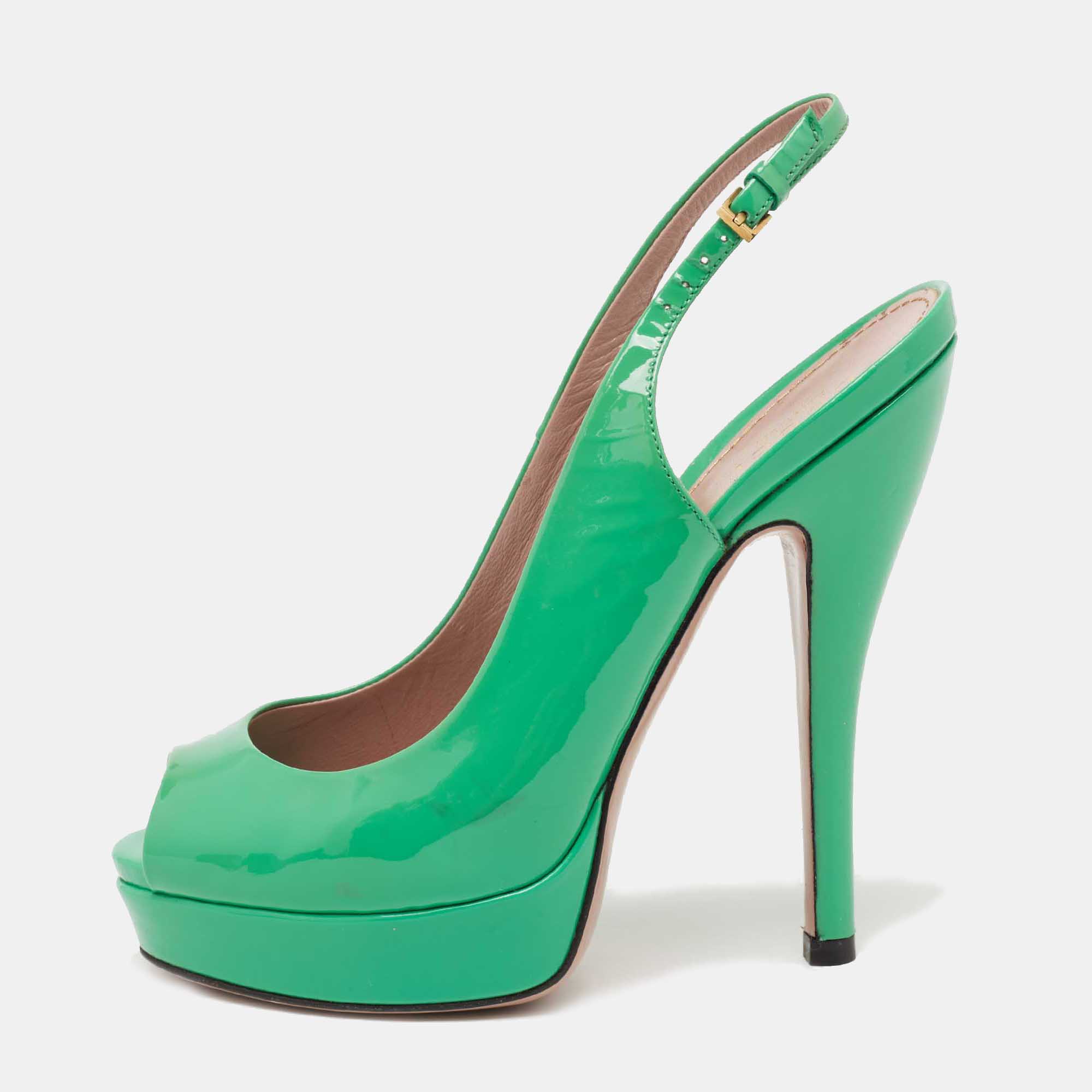 

Gucci Green Patent Leather Sofia Platform Peep Toe Ankle Strap Sandals Size