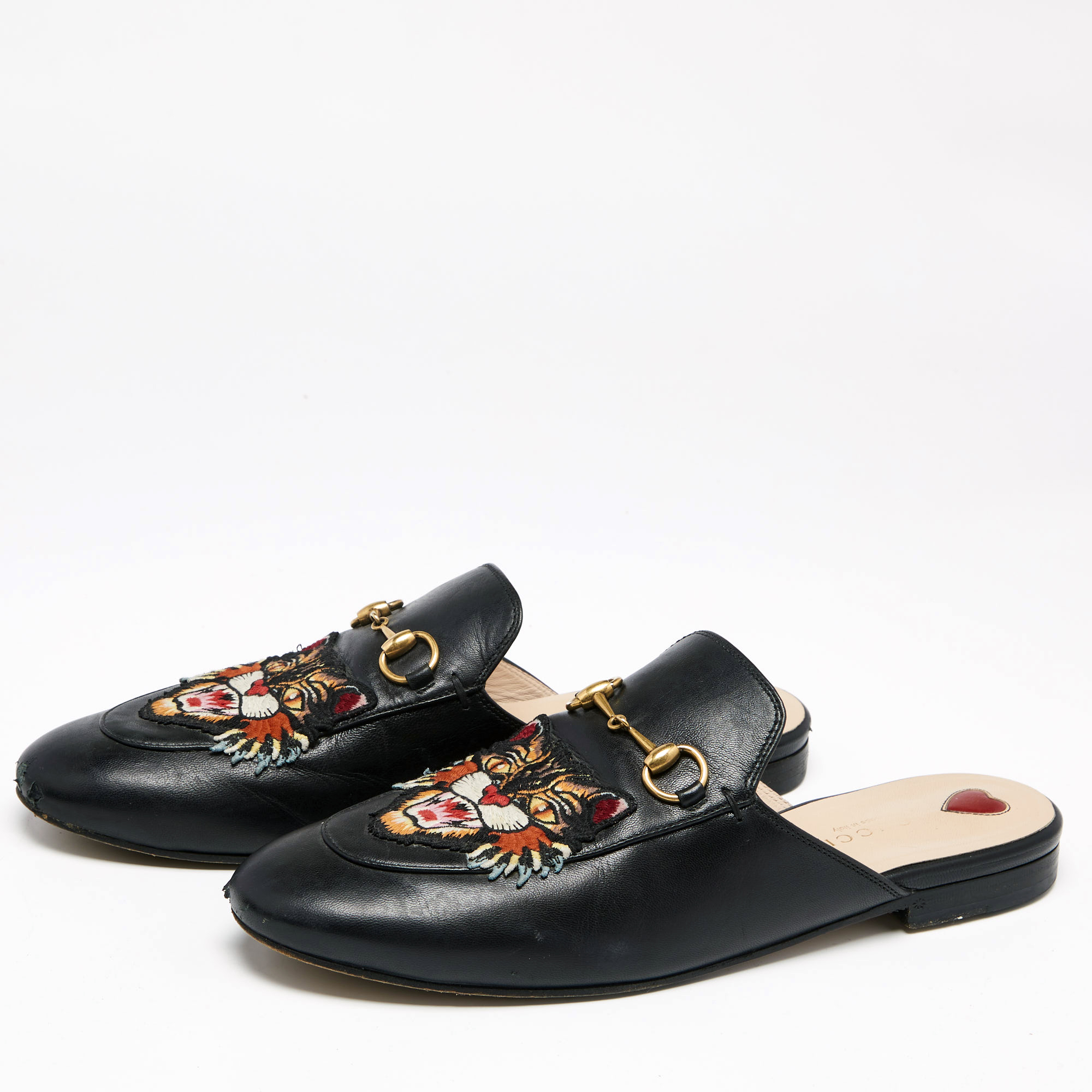 

Gucci Black Leather Tiger Embroidered Princetown Horsebit Flat Mules Size