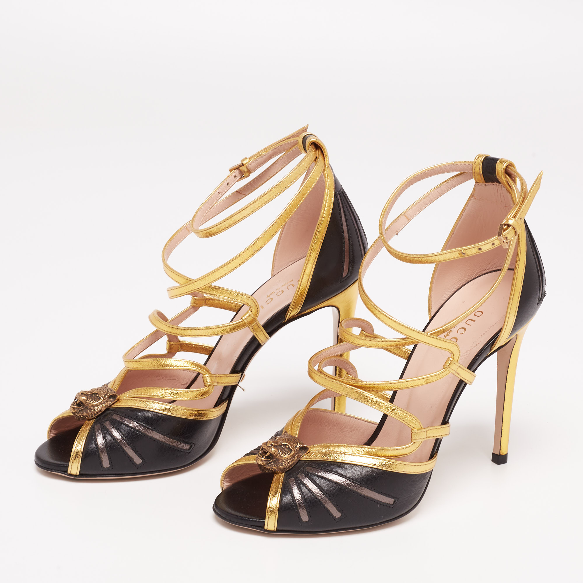 

Gucci Black/Gold Leather Tiger Head Strappy Sandals Size