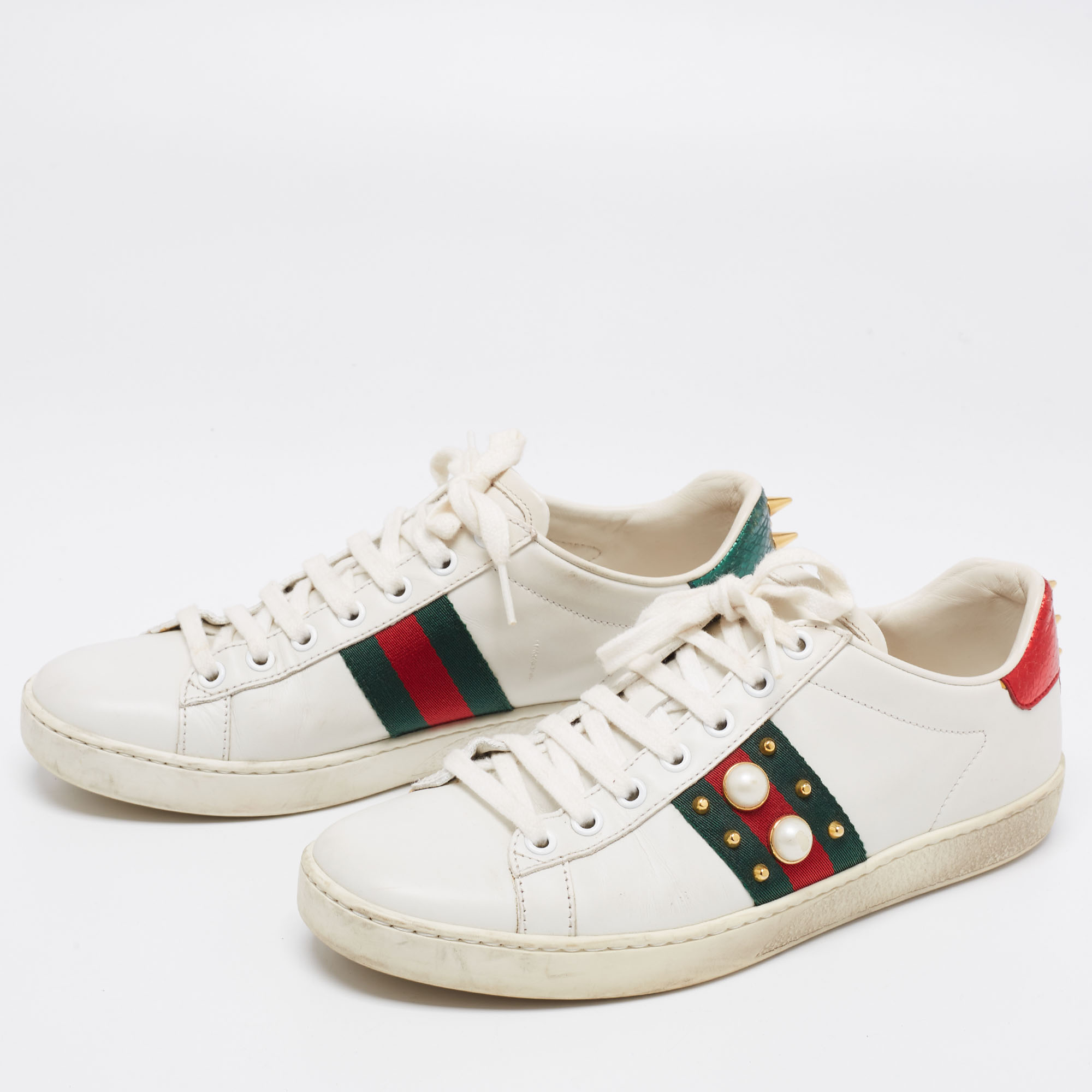 

Gucci White Leather And Python Embossed Ace Web Faux Pearl Embellished Low Top Sneakers Size