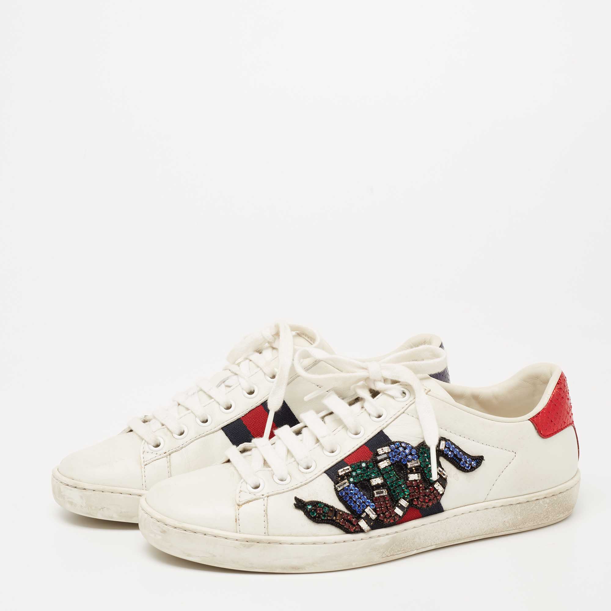 

Gucci White Leather Embellished Snake Ace Low-Top Sneakers Size