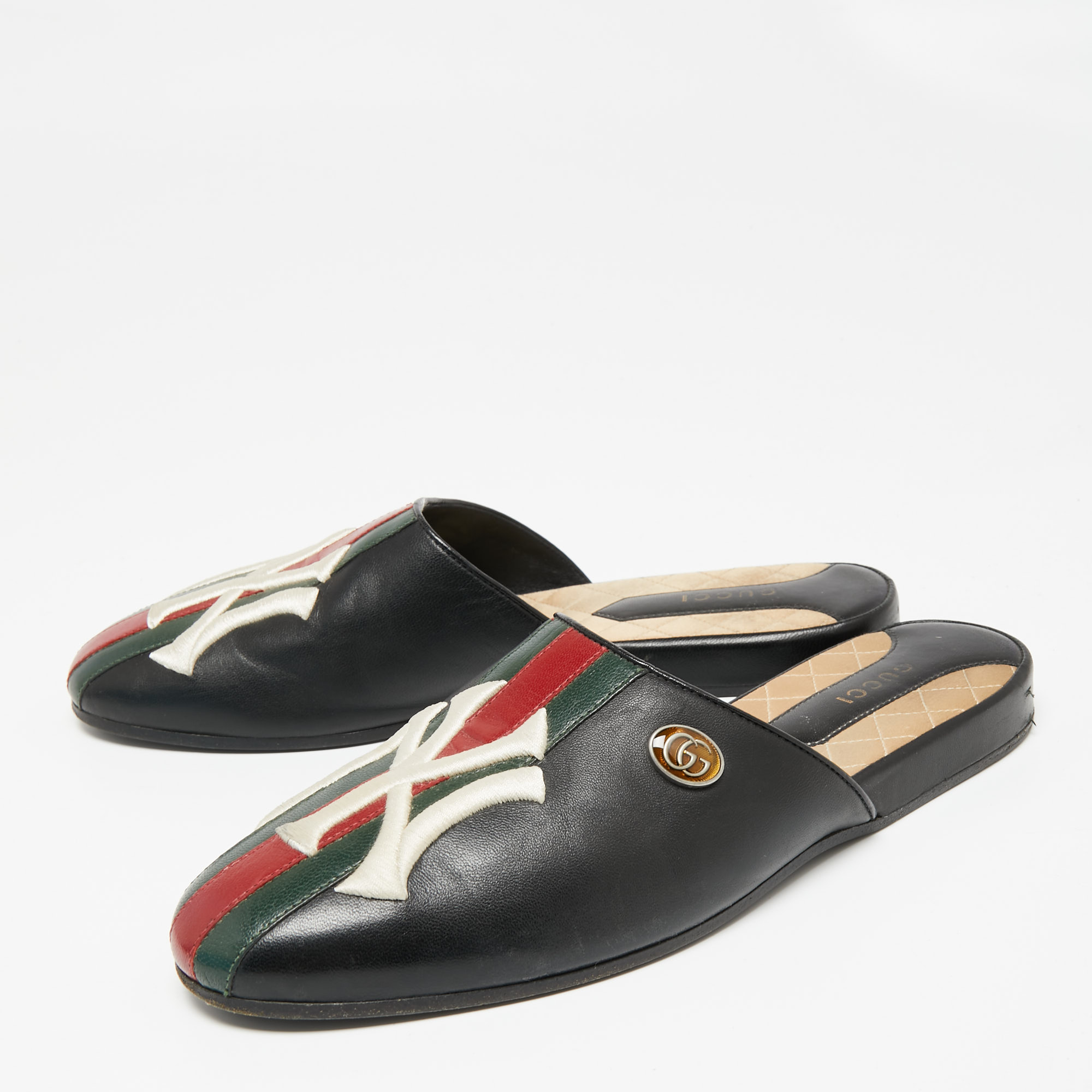 

Gucci Black Leather NY Yankees Patch Flat Mules Size