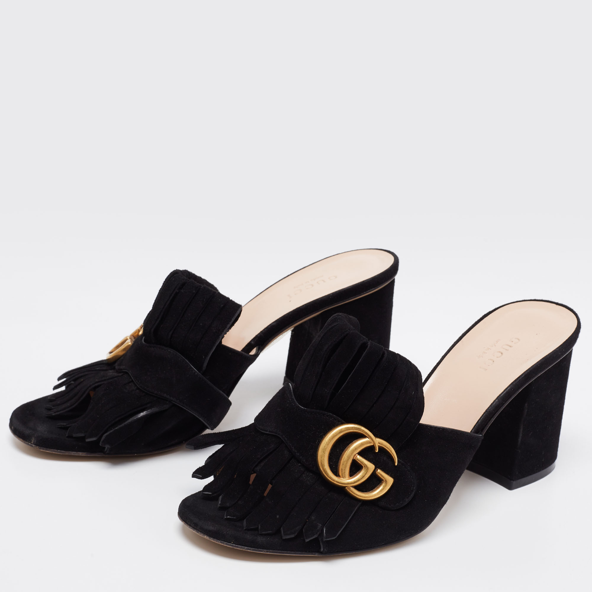 

Gucci Black Suede GG Marmont Fringe Slide Sandals Size