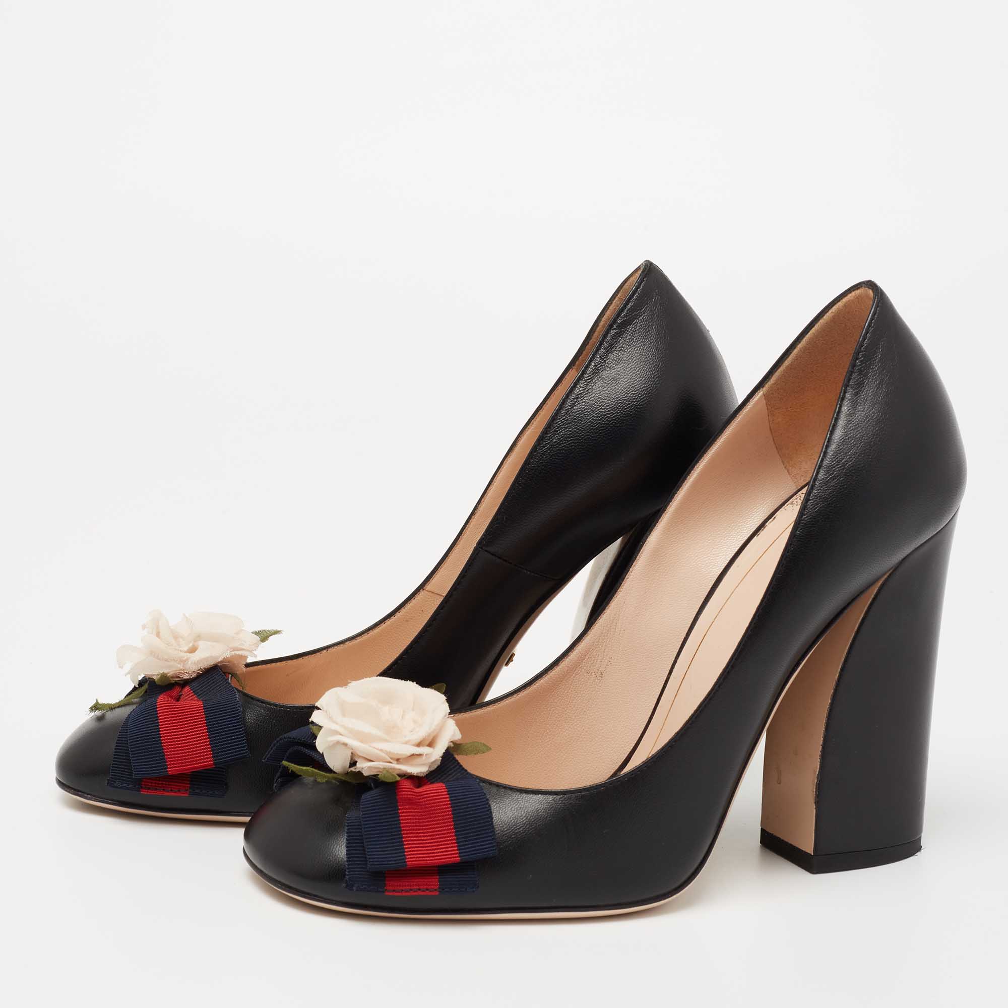 

Gucci Black Leather Web Bow Detail Block Heel Pumps Size