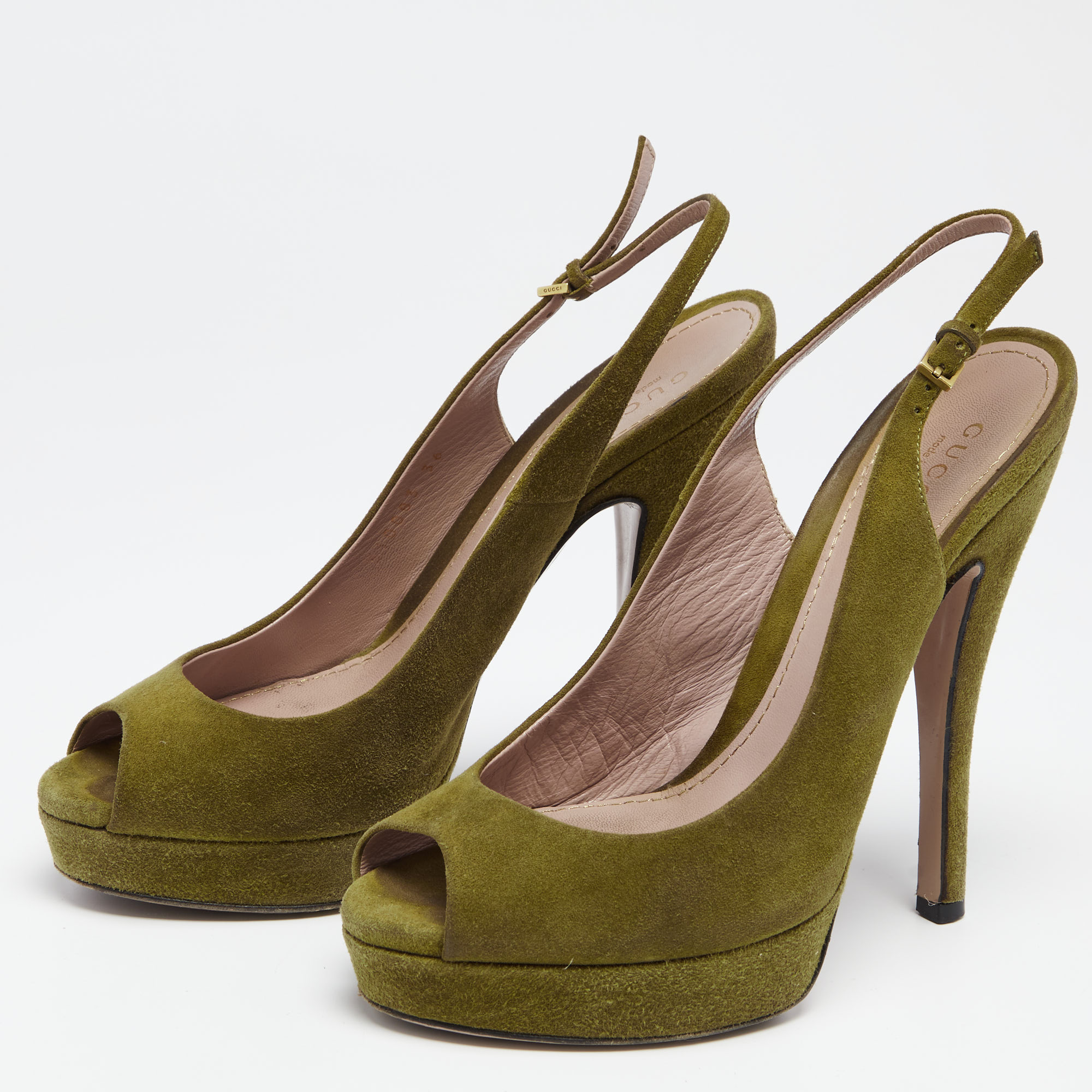 

Gucci Olive Green Suede Peep Toe Platform Slingback Sandals Size