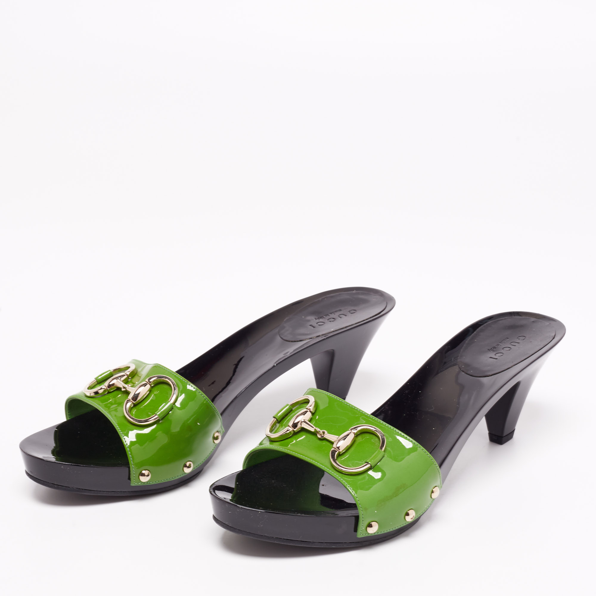 

Gucci Green Patent Leather Horsebit Slide Sandals Size