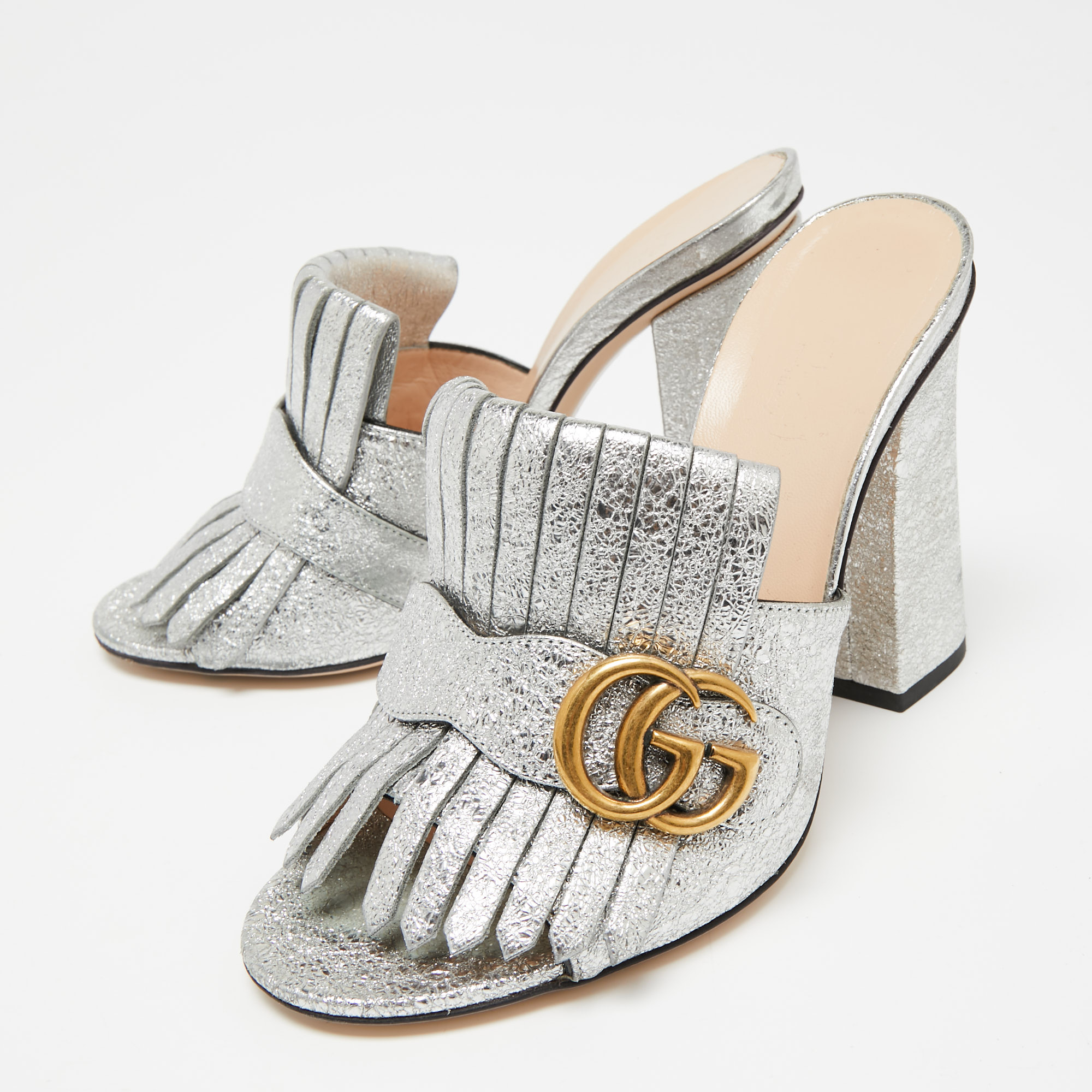 

Gucci Metallic Silver Leather GG Marmont Fringe Mules Sandals Size