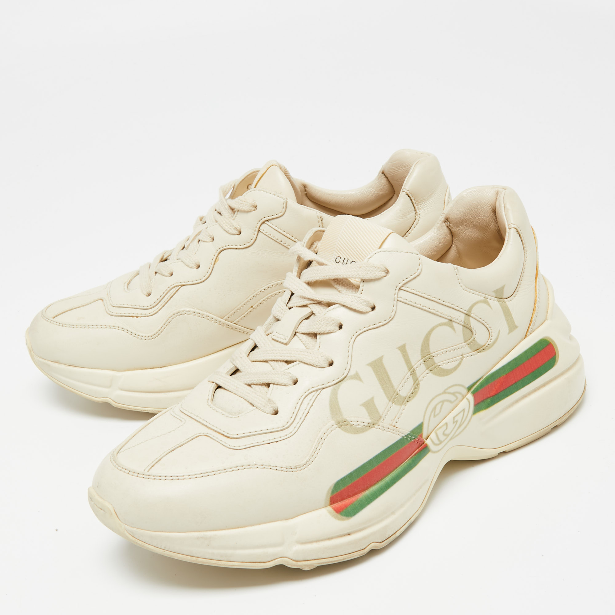 

Gucci Beige Leather Rhyton Gucci Logo Low-Top Sneakers Size