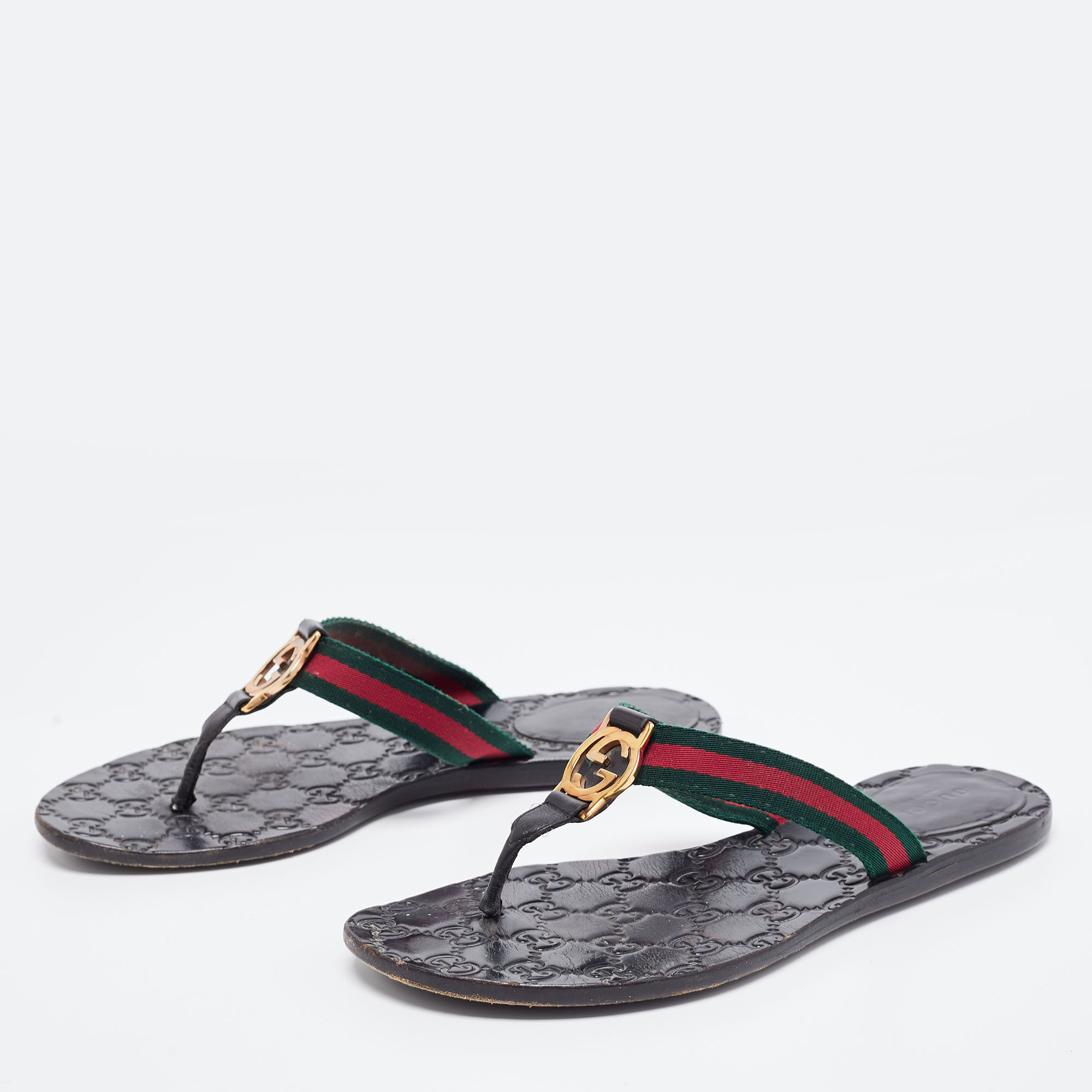 

Gucci Black Leather And Web Interlocking G Thong Flats Size