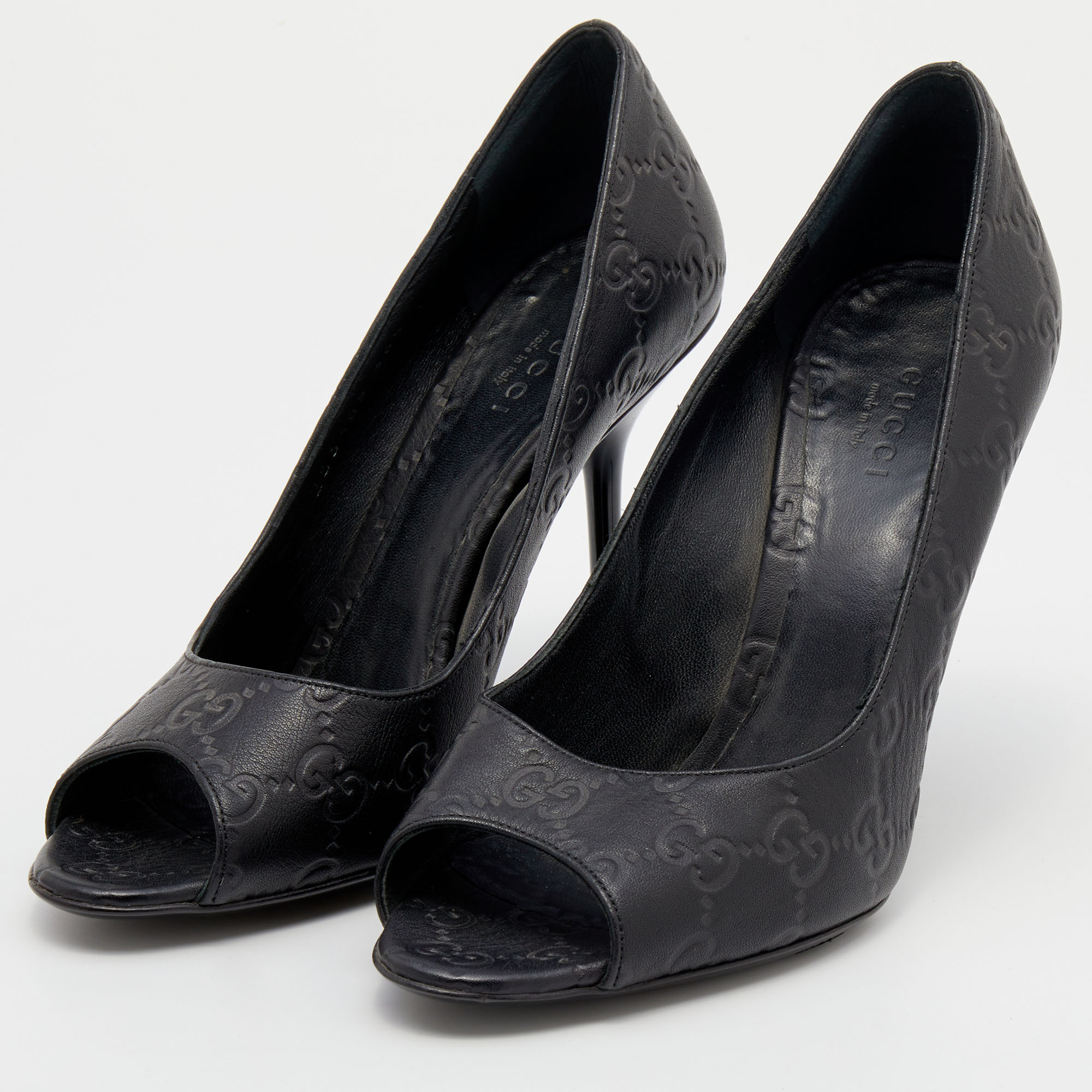 

Gucci Black Guccissima Leather Peep Toe Pumps Size