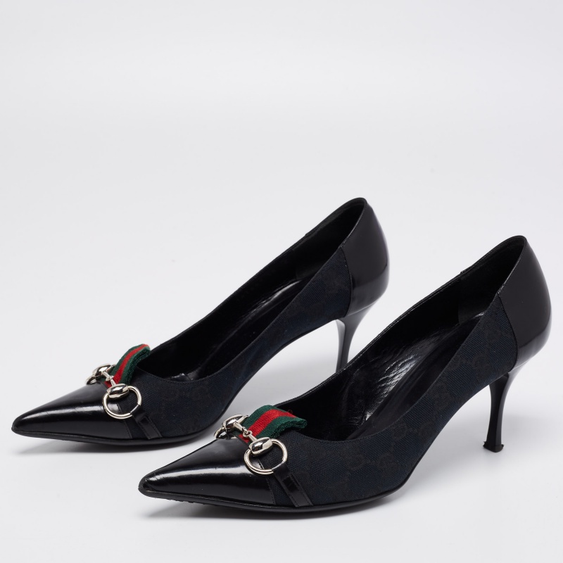 

Gucci Black GG Canvas And Patent Leather Horsebit Pointed Toe Pumps Size