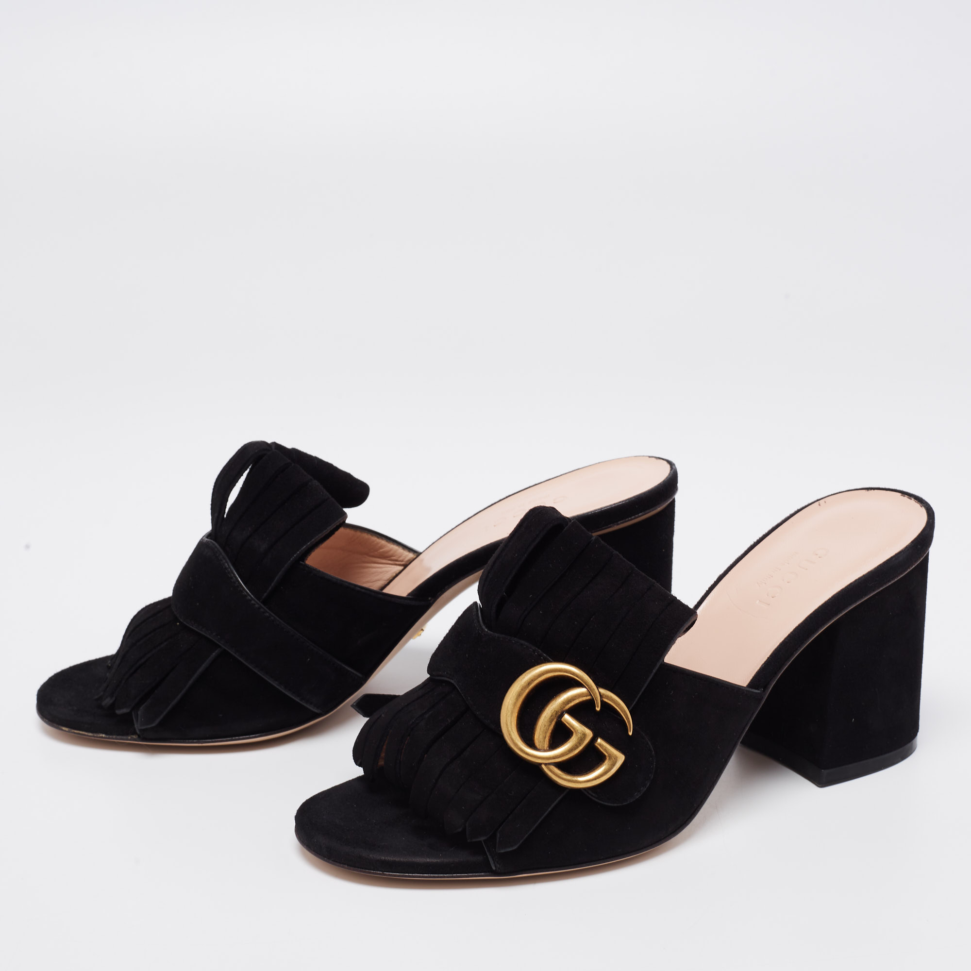 

Gucci Black Suede GG Marmont Fringe Mules Size