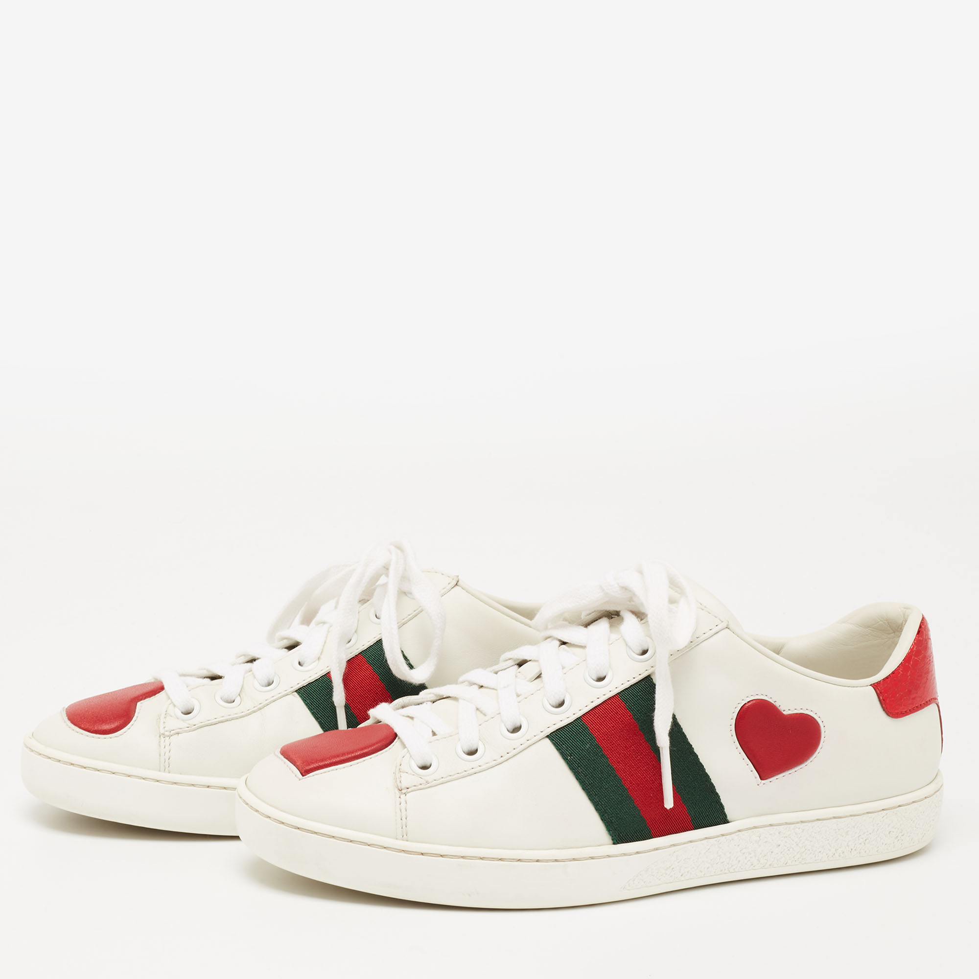 

Gucci White Leather Ace Web Heart Detail Lace Up Low Top Sneaker Size