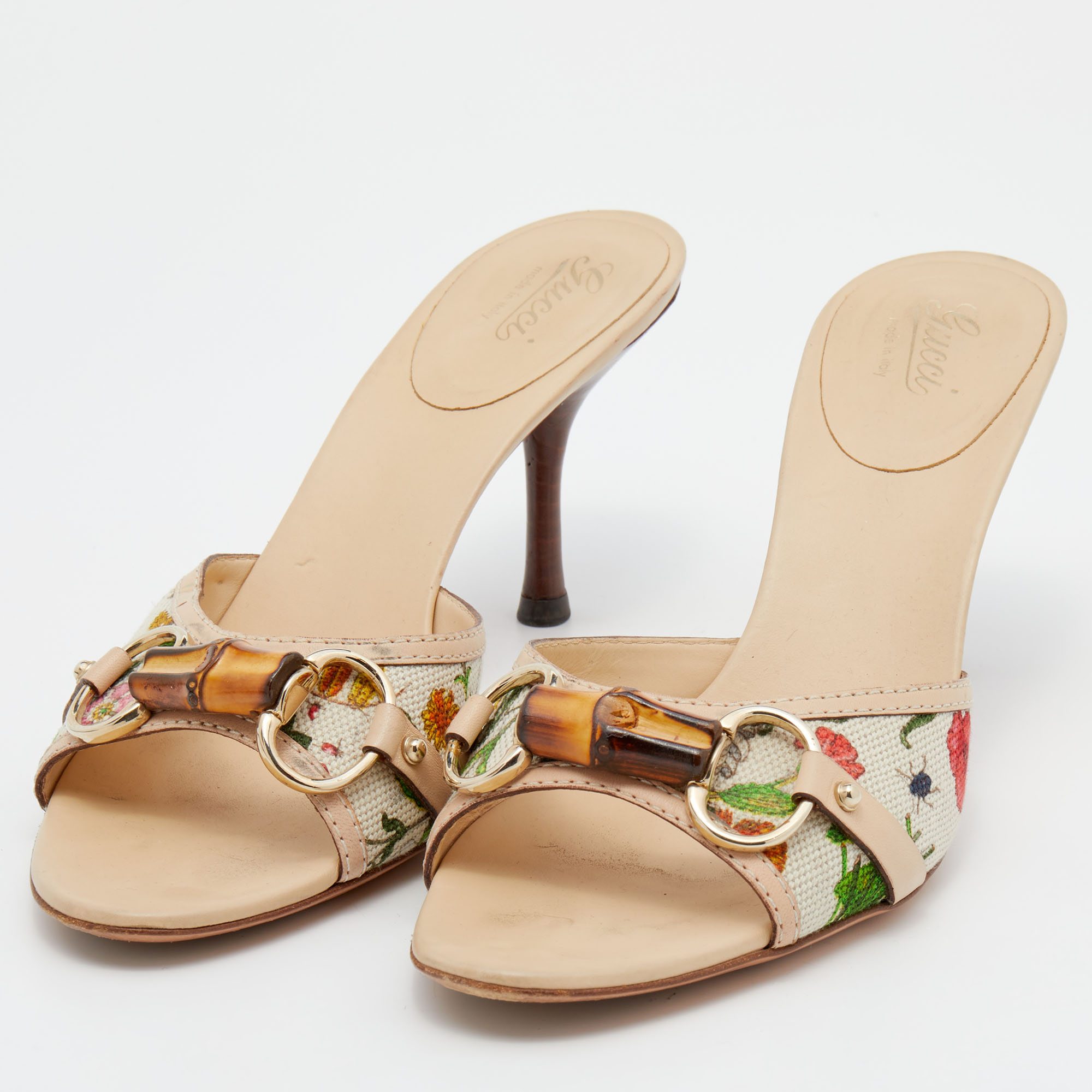 

Gucci Multicolor Floral Canvas and Leather Bamboo Horsebit Slide Sandals Size