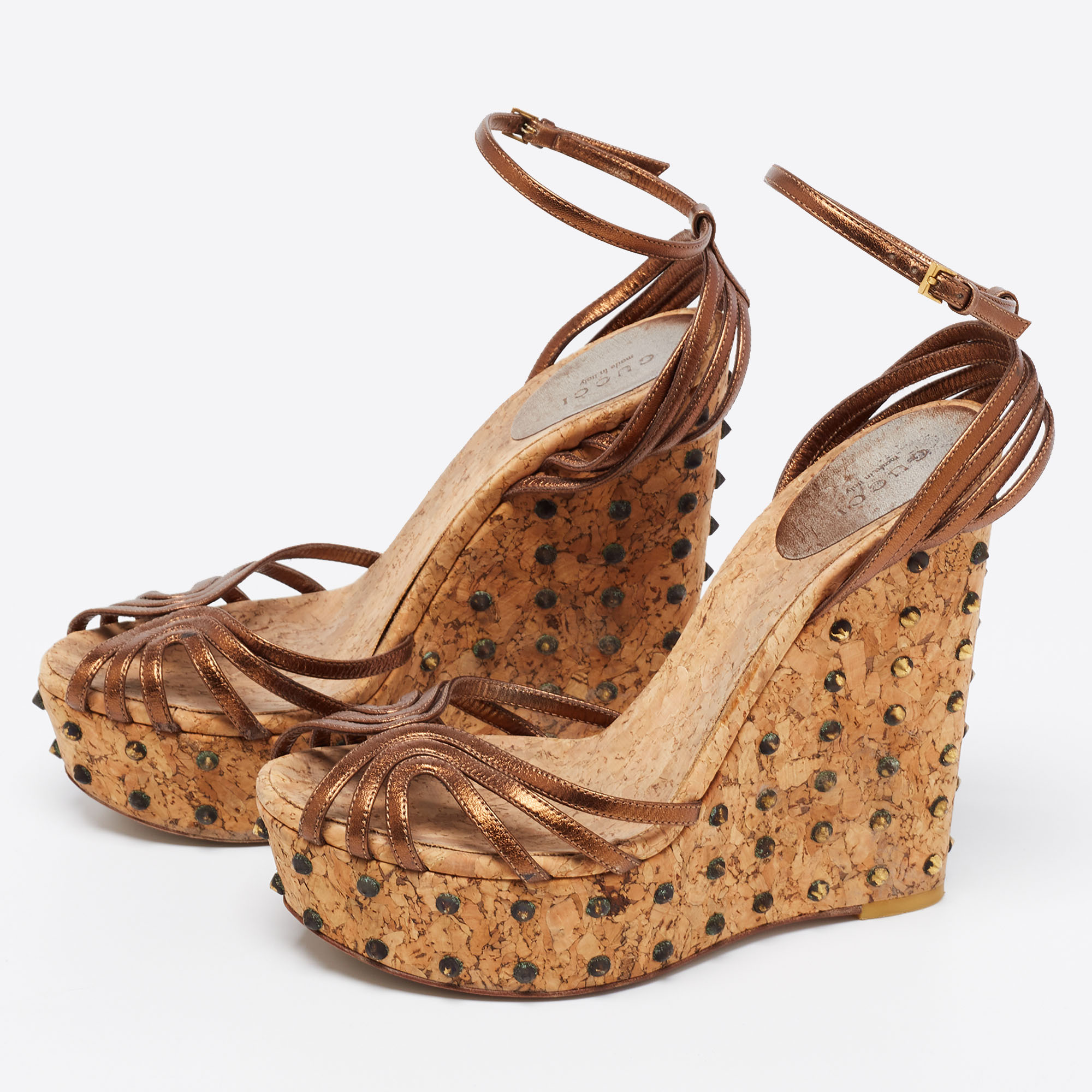 

Gucci Bronze Leather Spike Cork Wedge Platform Ankle-Strap Sandals Size, Metallic