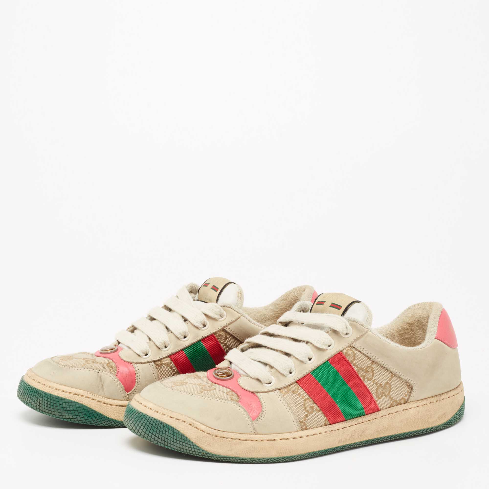 

Gucci Beige/Green Nubuck Leather And Canvas Screener Low Top Sneakers Size