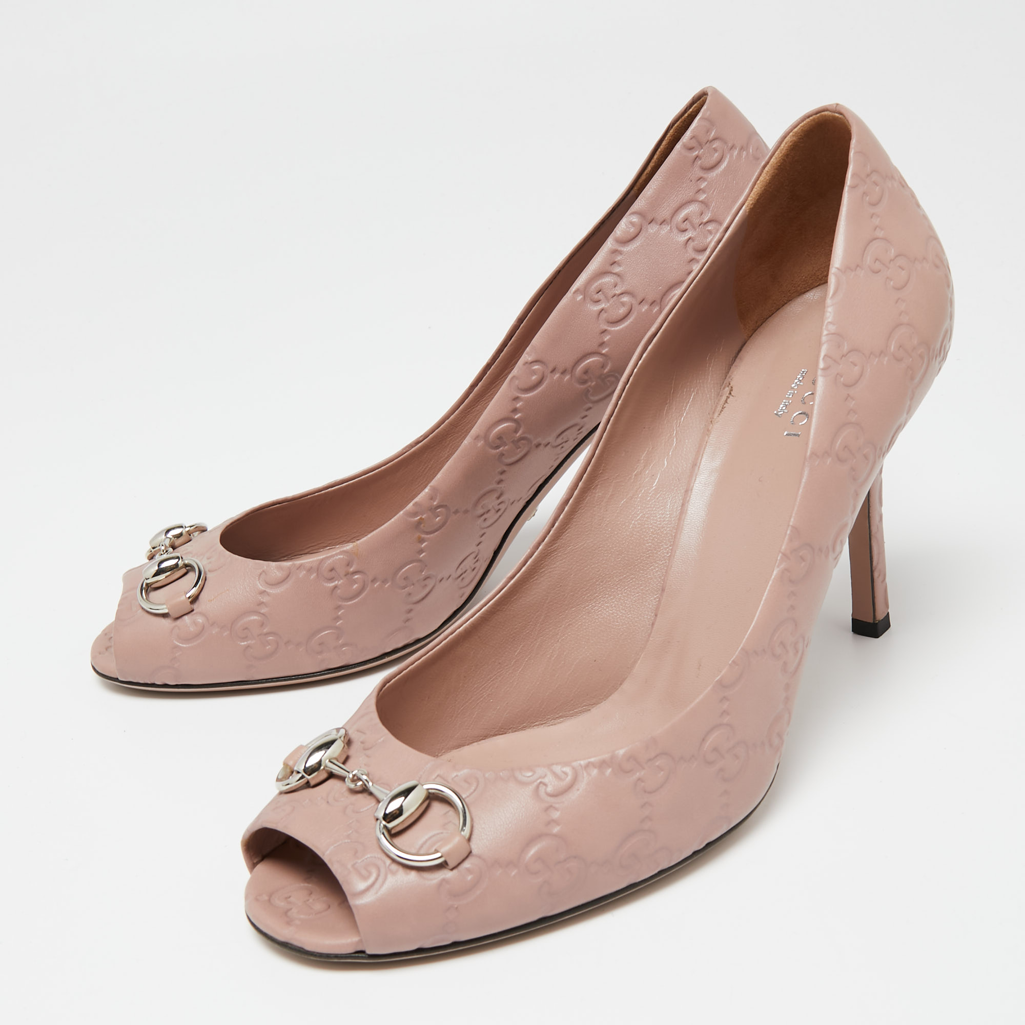 

Gucci Pink Guccissima Leather Horsebit Peep-Toe Pumps Size