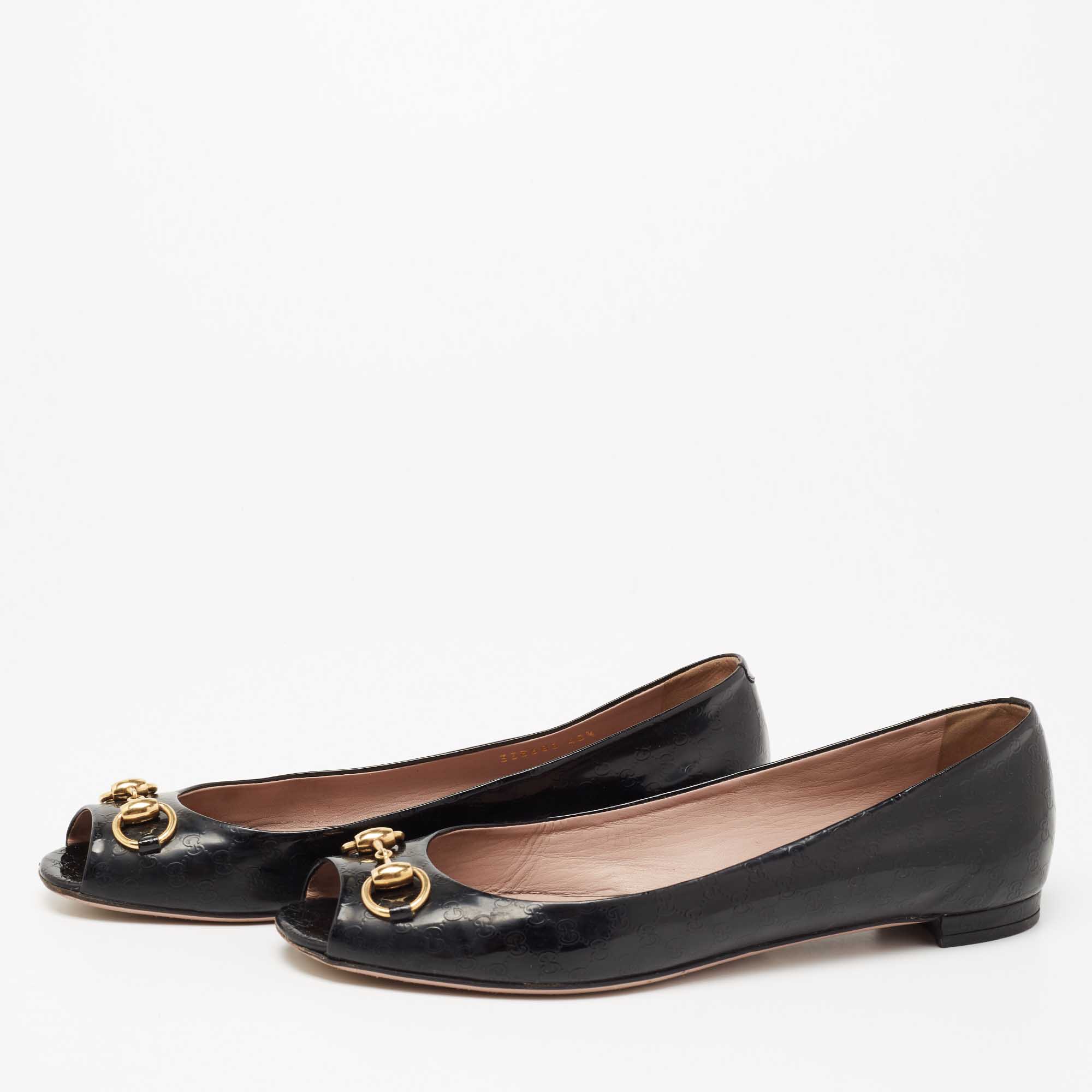 

Gucci Black Micro Guccissima Patent Leather Horsebit Open Toe Ballet Flats Size