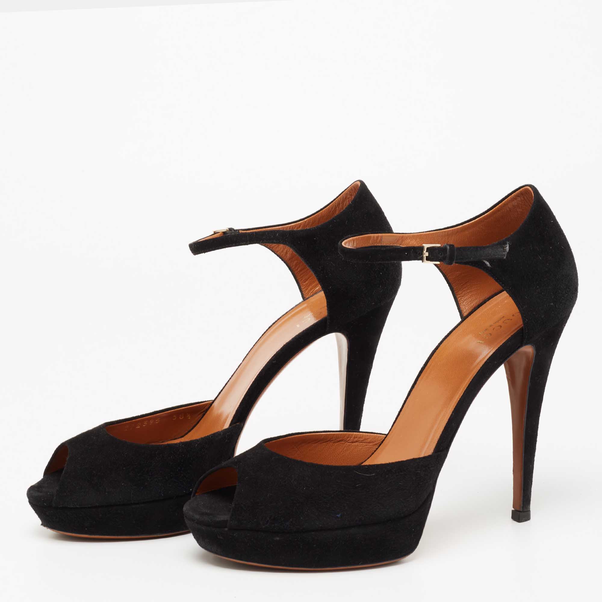 

Gucci Black Suede Peep Toe Ankle Strap Platform Sandals Size